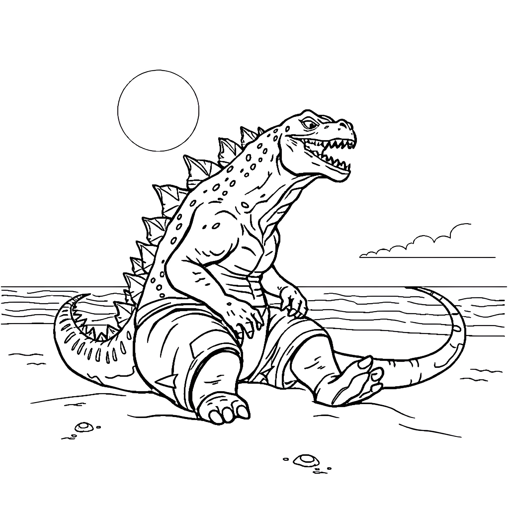 Godzilla resting by the shore Coloring Page (free black-and-white line drawing printable PDF for all, from beginners to advanced learners, including children, teens, adults, and seniors)