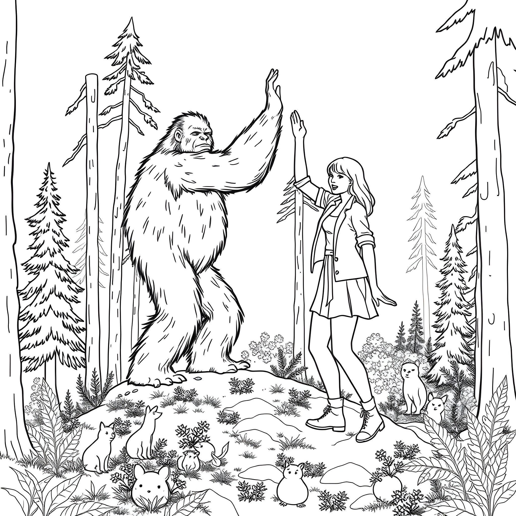 Bigfoot encounters a young female hiker in the forest Coloring Page (free black-and-white line drawing printable PDF for all, from beginners to advanced learners, including children, teens, adults, and seniors)