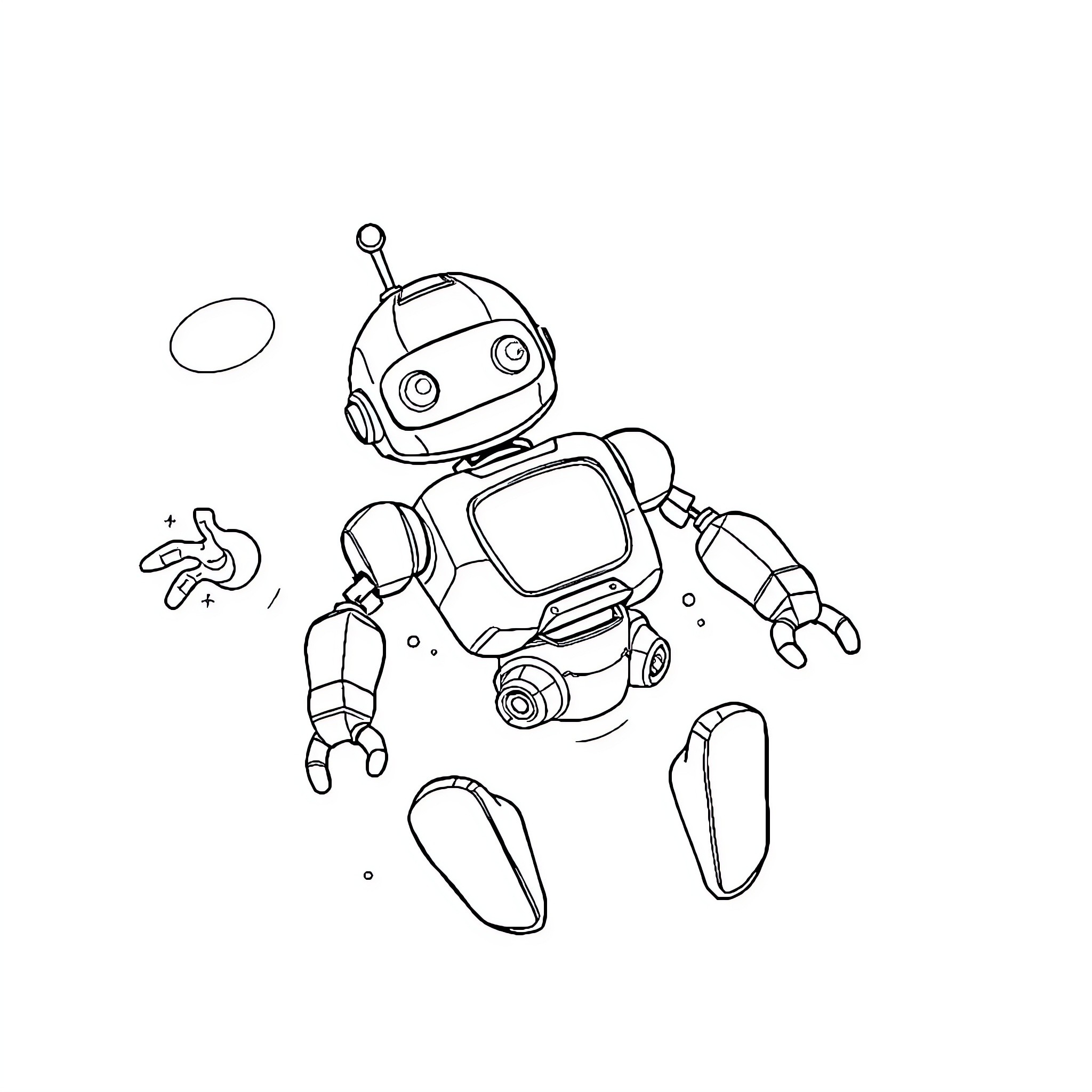 Robot assembling itself with parts Coloring Page (free black-and-white line drawing printable PDF for all, from beginners to advanced learners, including children, teens, adults, and seniors)