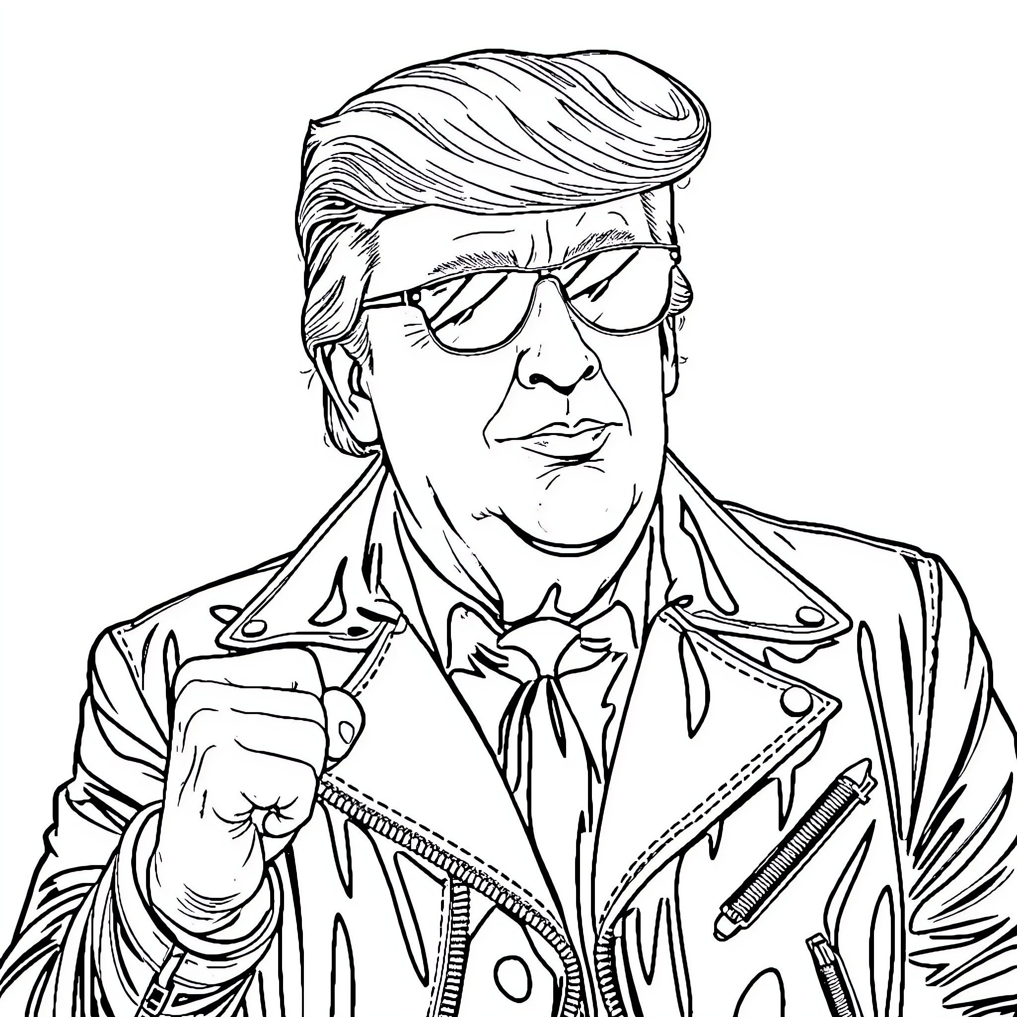 Trump in Casual Attire with Distinct Facial Expression Coloring Page (free black-and-white line drawing printable PDF for all, from beginners to advanced learners, including children, teens, adults, and seniors)