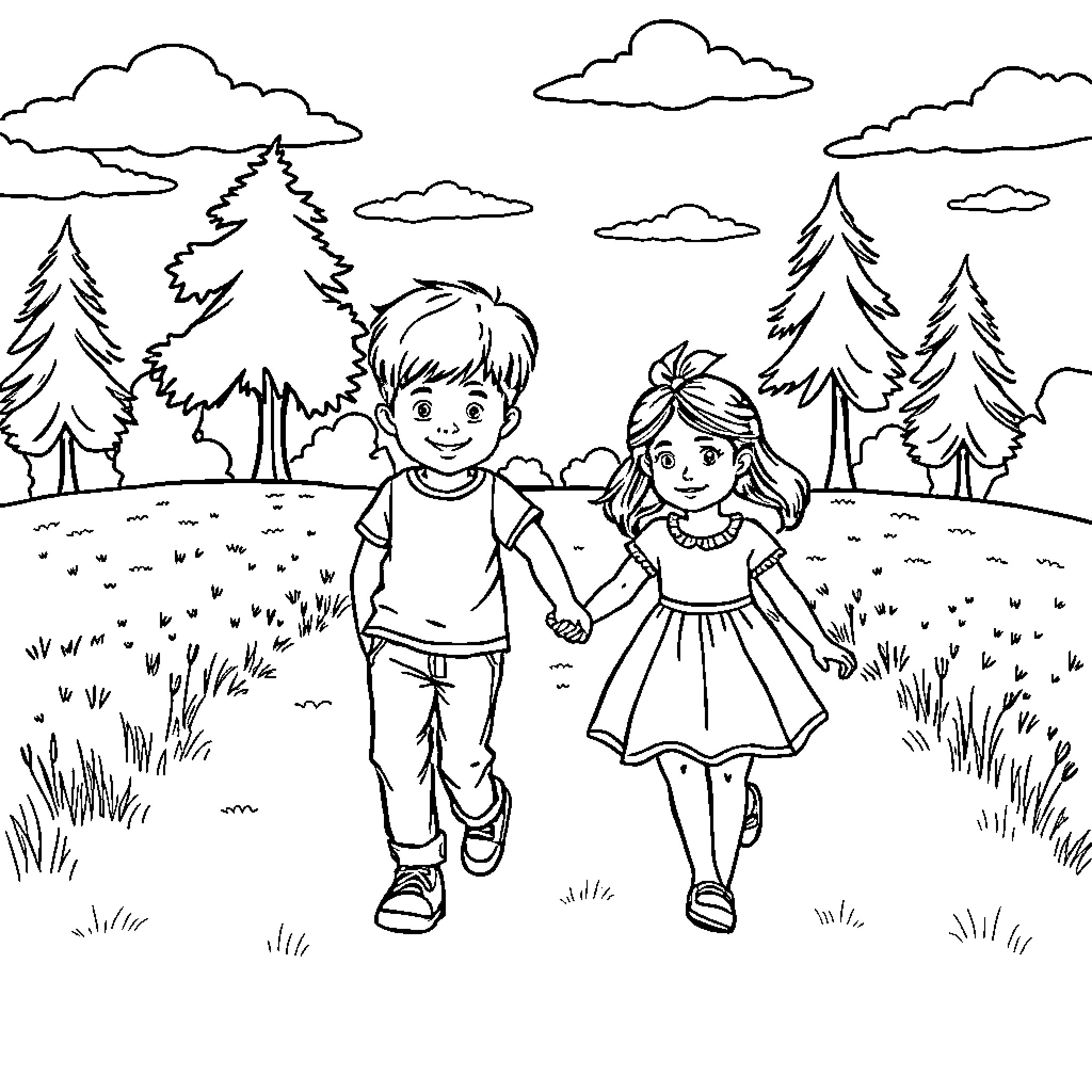 Boy and girl walking hand in hand in nature Coloring Page (free black-and-white line drawing printable PDF for all, from beginners to advanced learners, including children, teens, adults, and seniors)