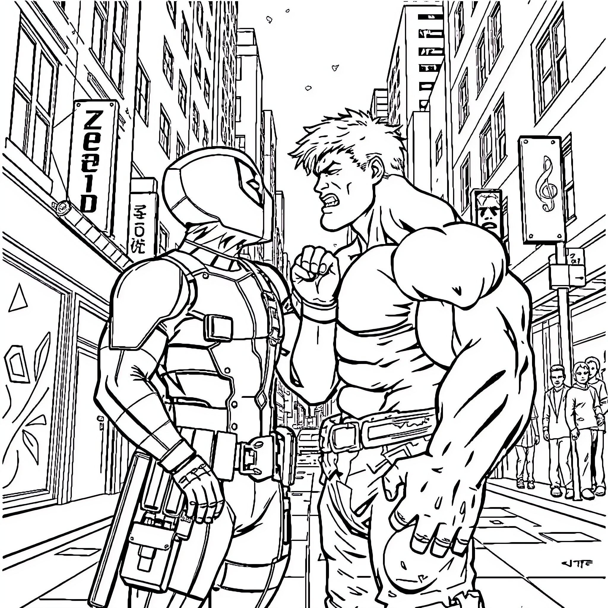 Deadpool and Hulk in an intense street confrontation Coloring Page (free black-and-white line drawing printable PDF for all, from beginners to advanced learners, including children, teens, adults, and seniors)