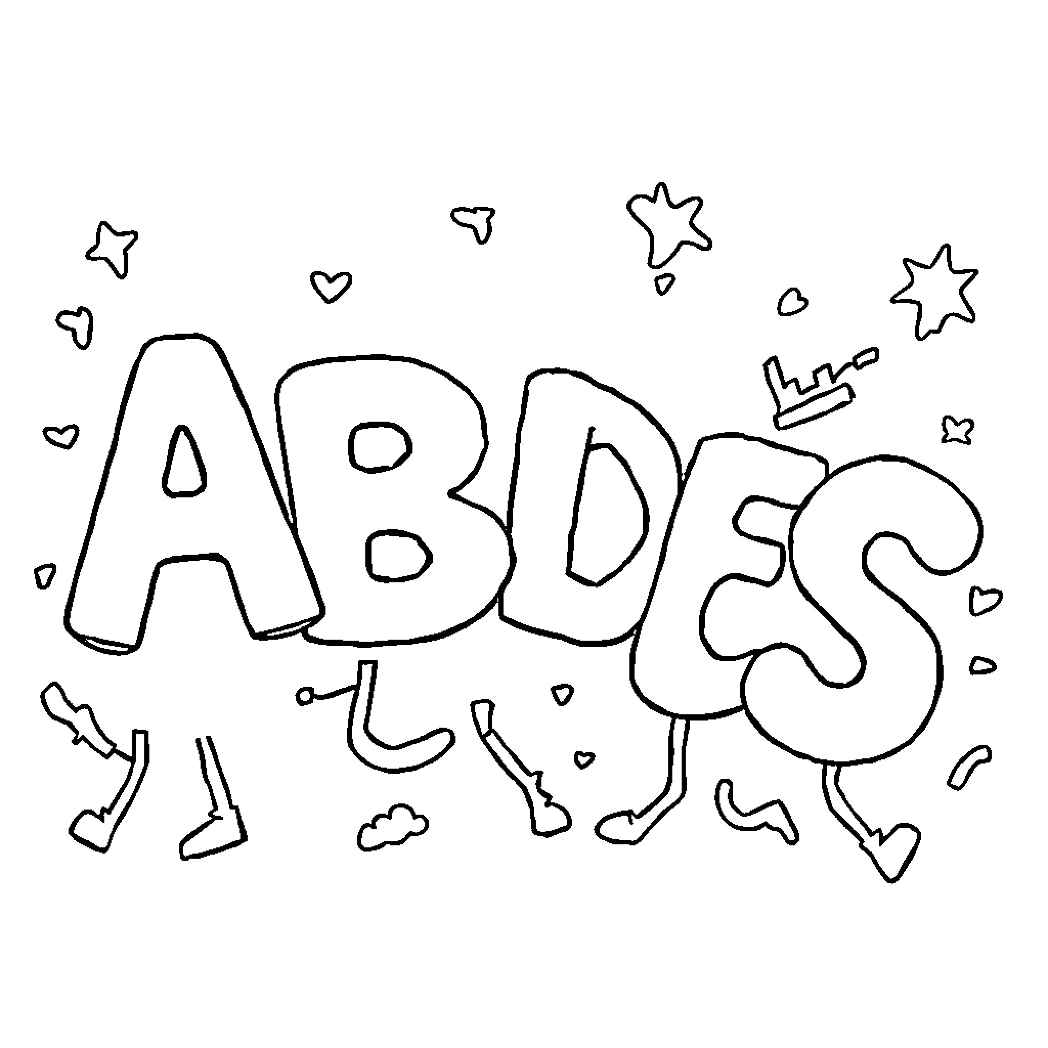 ABC Playful Lettered Characters with Decorations Coloring Page (free black-and-white line drawing printable PDF for all, from beginners to advanced learners, including children, teens, adults, and seniors)