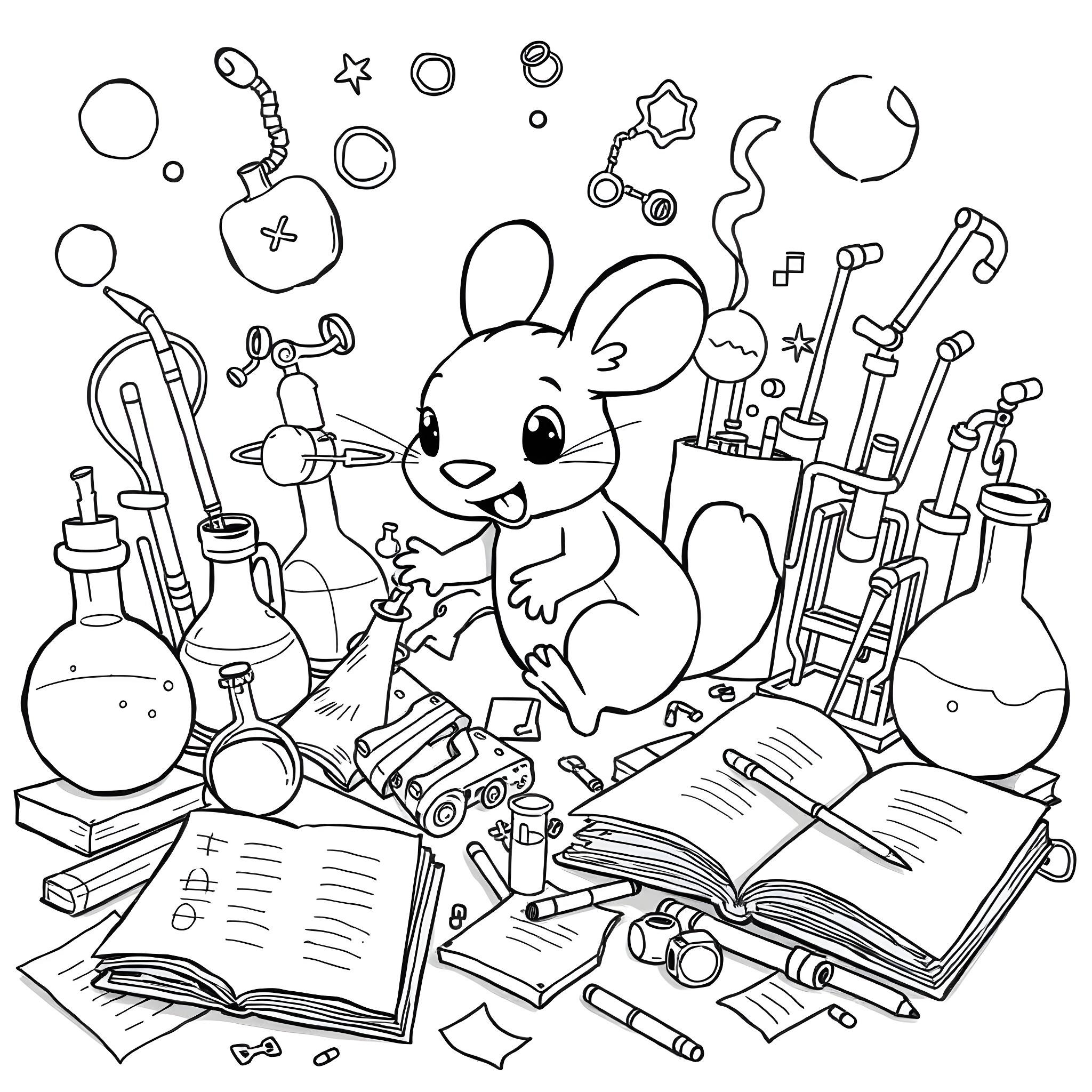 Ratata's Playful Scientific Exploration Coloring Page (free black-and-white line drawing printable PDF for all, from beginners to advanced learners, including children, teens, adults, and seniors)