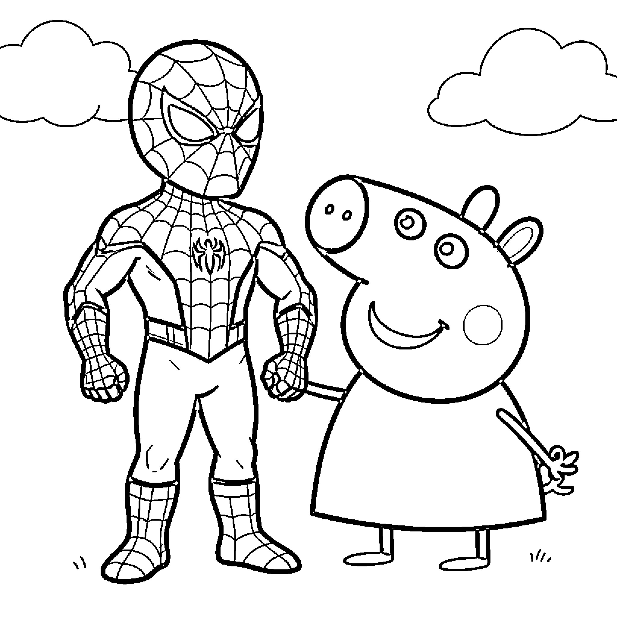 Spider-Man standing next to a smiling cartoon pig Coloring Page (free black-and-white line drawing printable PDF for all, from beginners to advanced learners, including children, teens, adults, and seniors)
