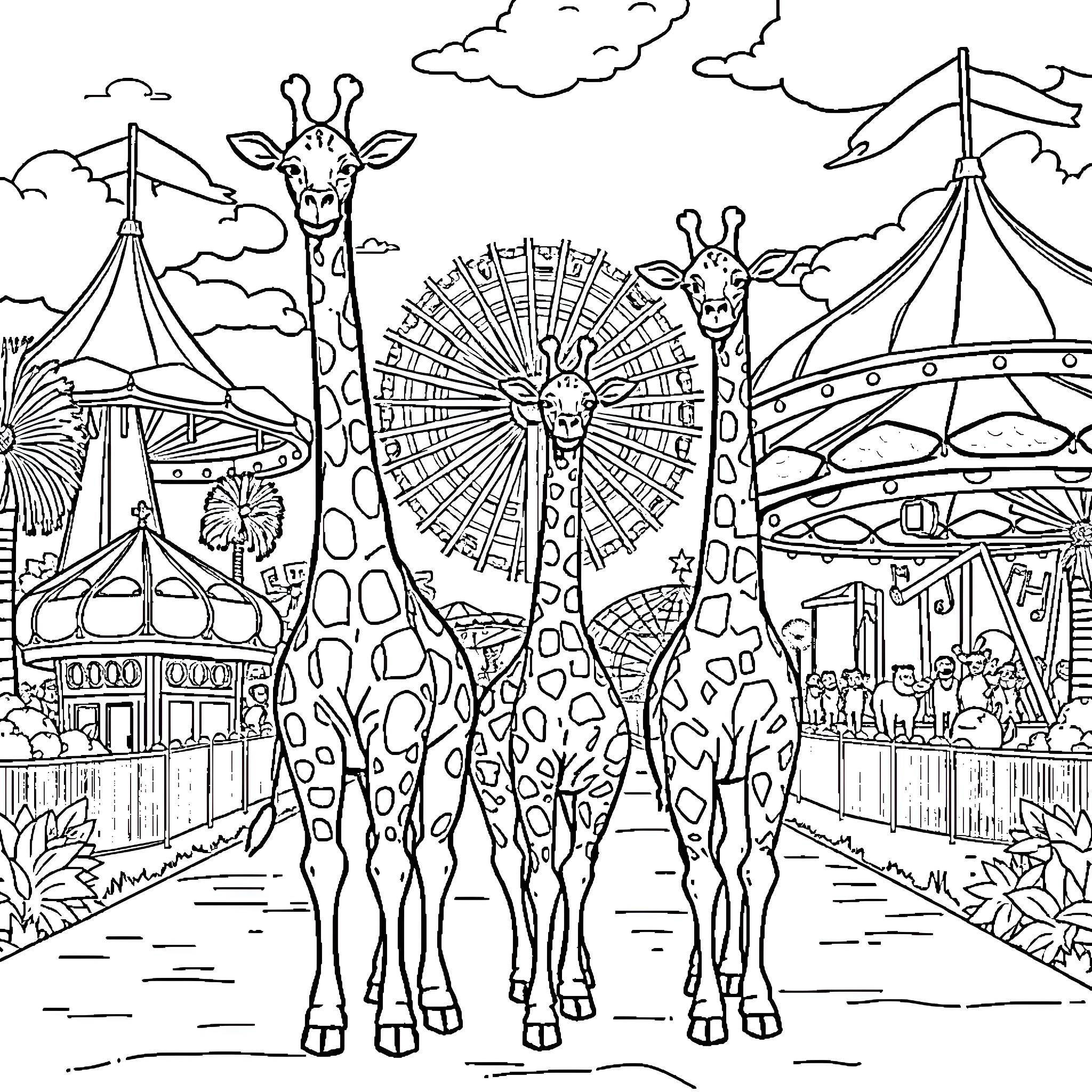 Giraffe enjoying the lively carnival scene Coloring Page (free black-and-white line drawing printable PDF for all, from beginners to advanced learners, including children, teens, adults, and seniors)
