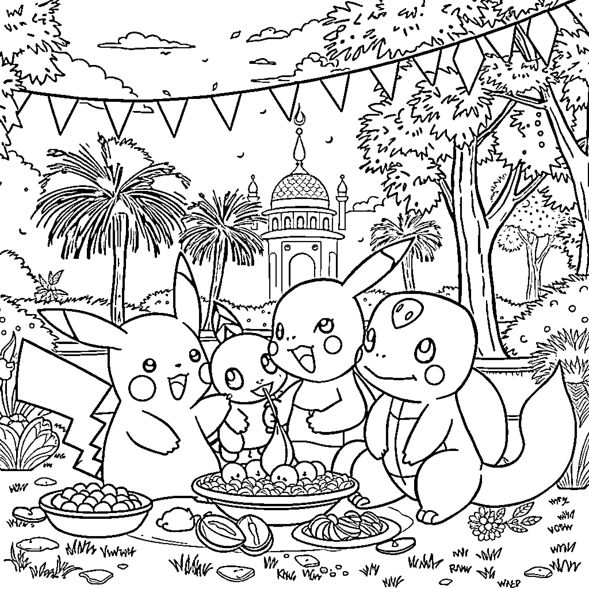 Pokémon characters celebrating a festive gathering Coloring Page (free black-and-white line drawing printable PDF for all, from beginners to advanced learners, including children, teens, adults, and seniors)