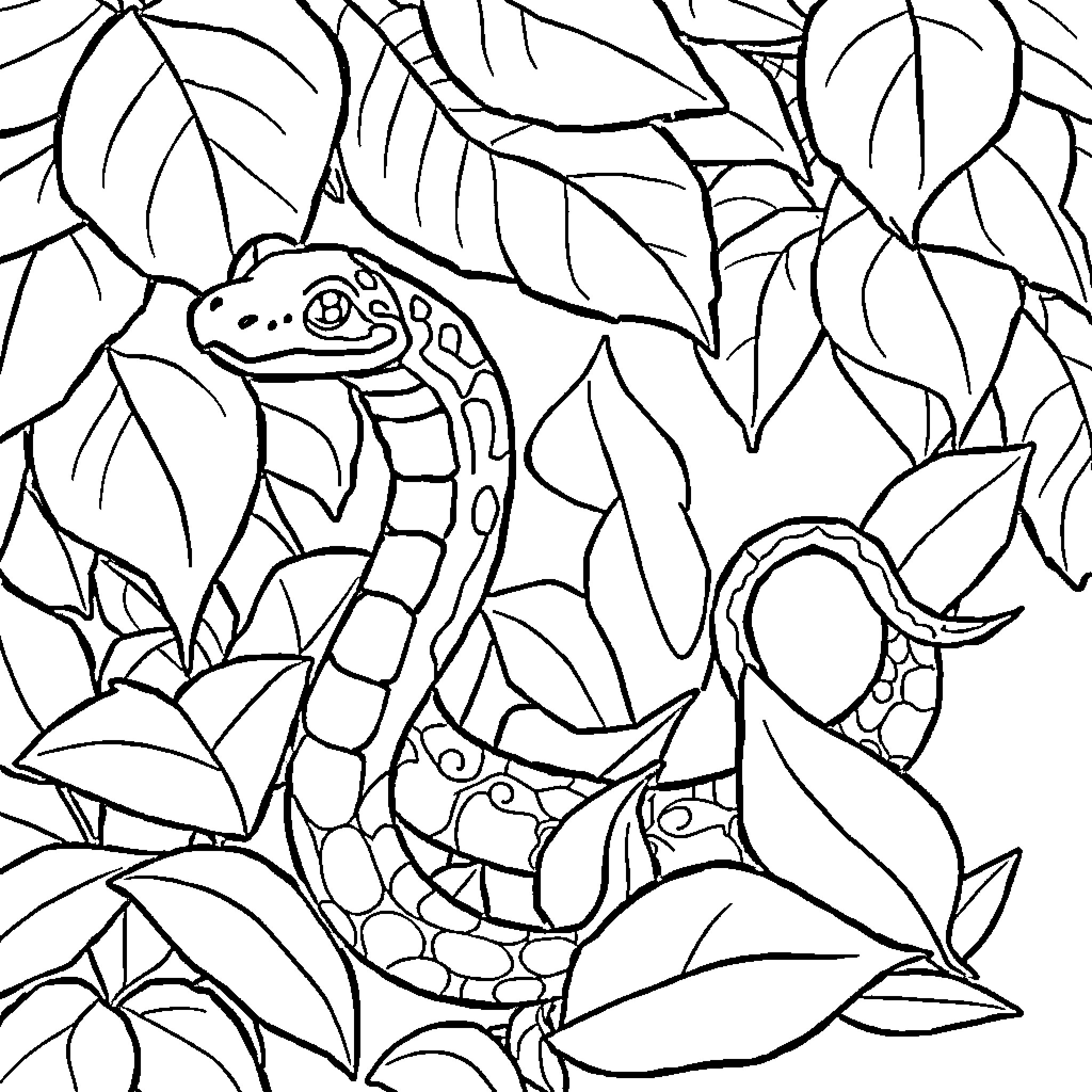 Snake Hiding Among Leaves in Jungle Coloring Page (free black-and-white line drawing printable PDF for all, from beginners to advanced learners, including children, teens, adults, and seniors)