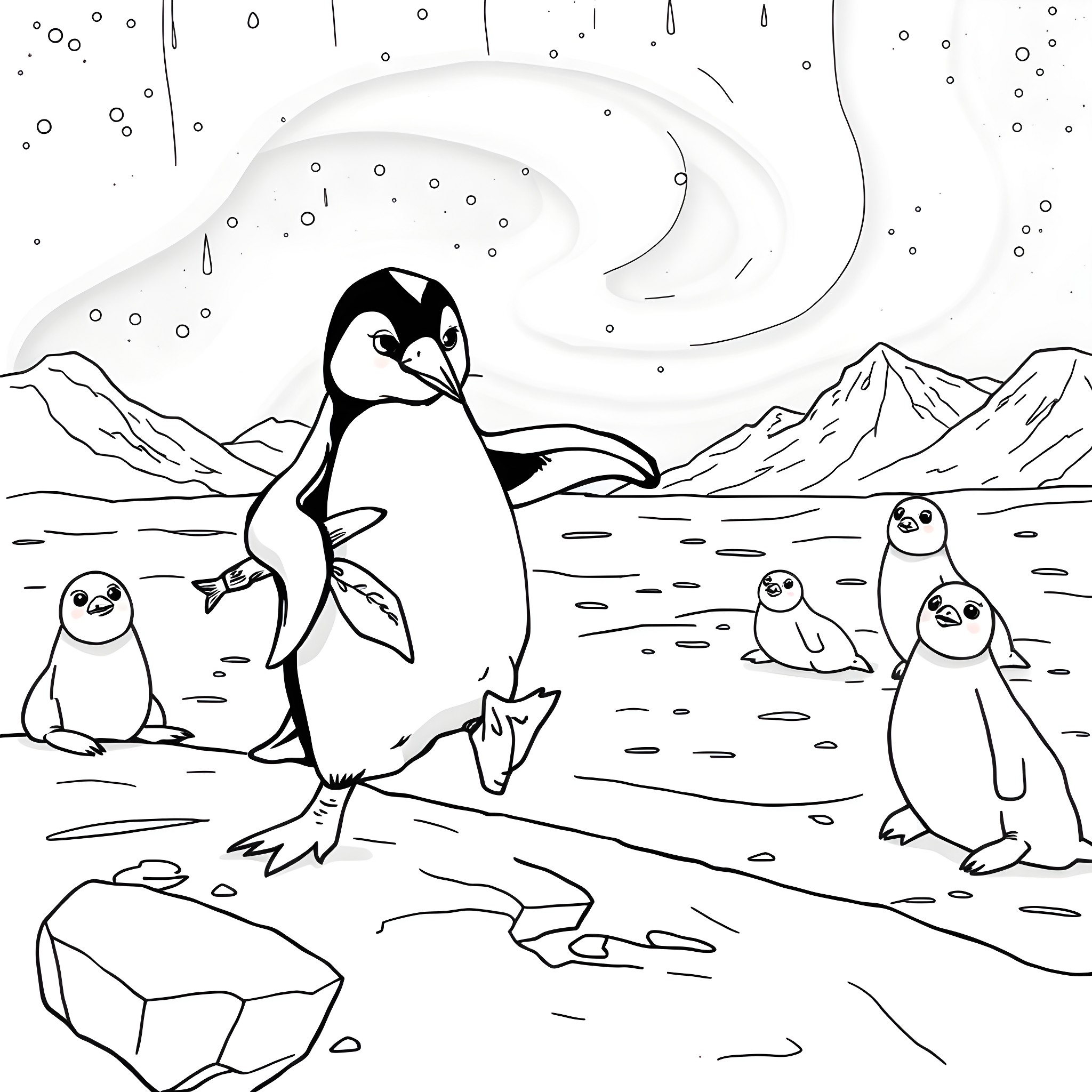 Penguin family exploring the snowy landscape Coloring Page (free black-and-white line drawing printable PDF for all, from beginners to advanced learners, including children, teens, adults, and seniors)
