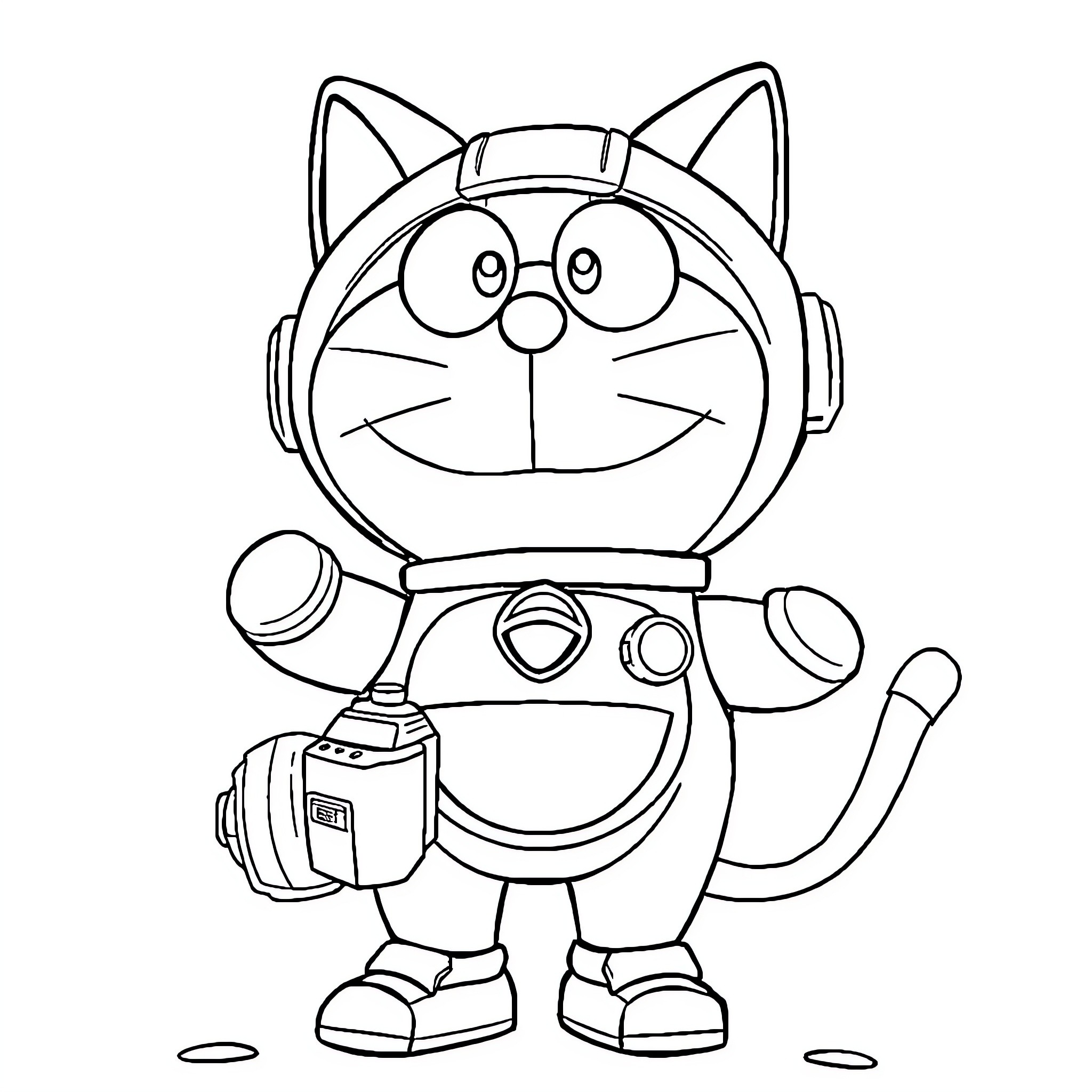 Doraemon's Friendly Robotic Adventure Coloring Page (free black-and-white line drawing printable PDF for all, from beginners to advanced learners, including children, teens, adults, and seniors)