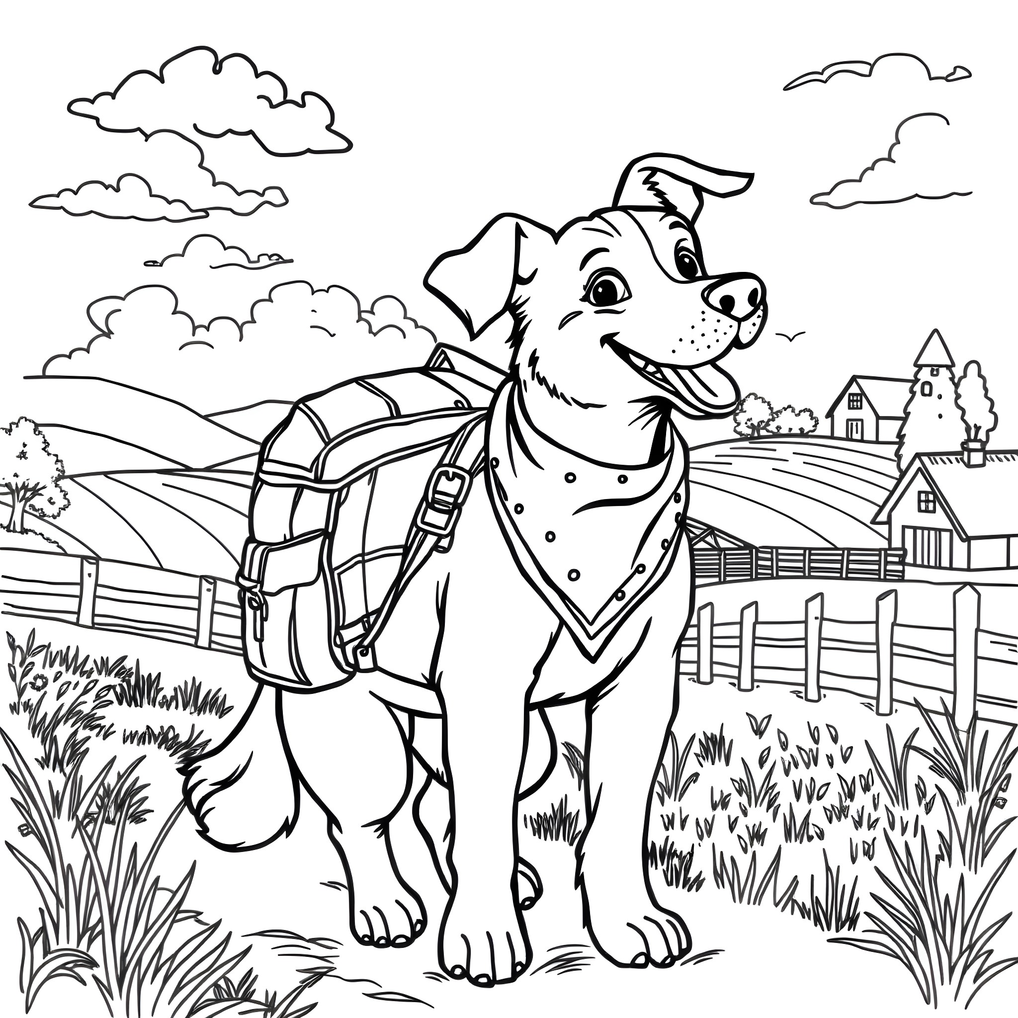 Dog with Backpack on Nature Trail Coloring Page (free black-and-white line drawing printable PDF for all, from beginners to advanced learners, including children, teens, adults, and seniors)
