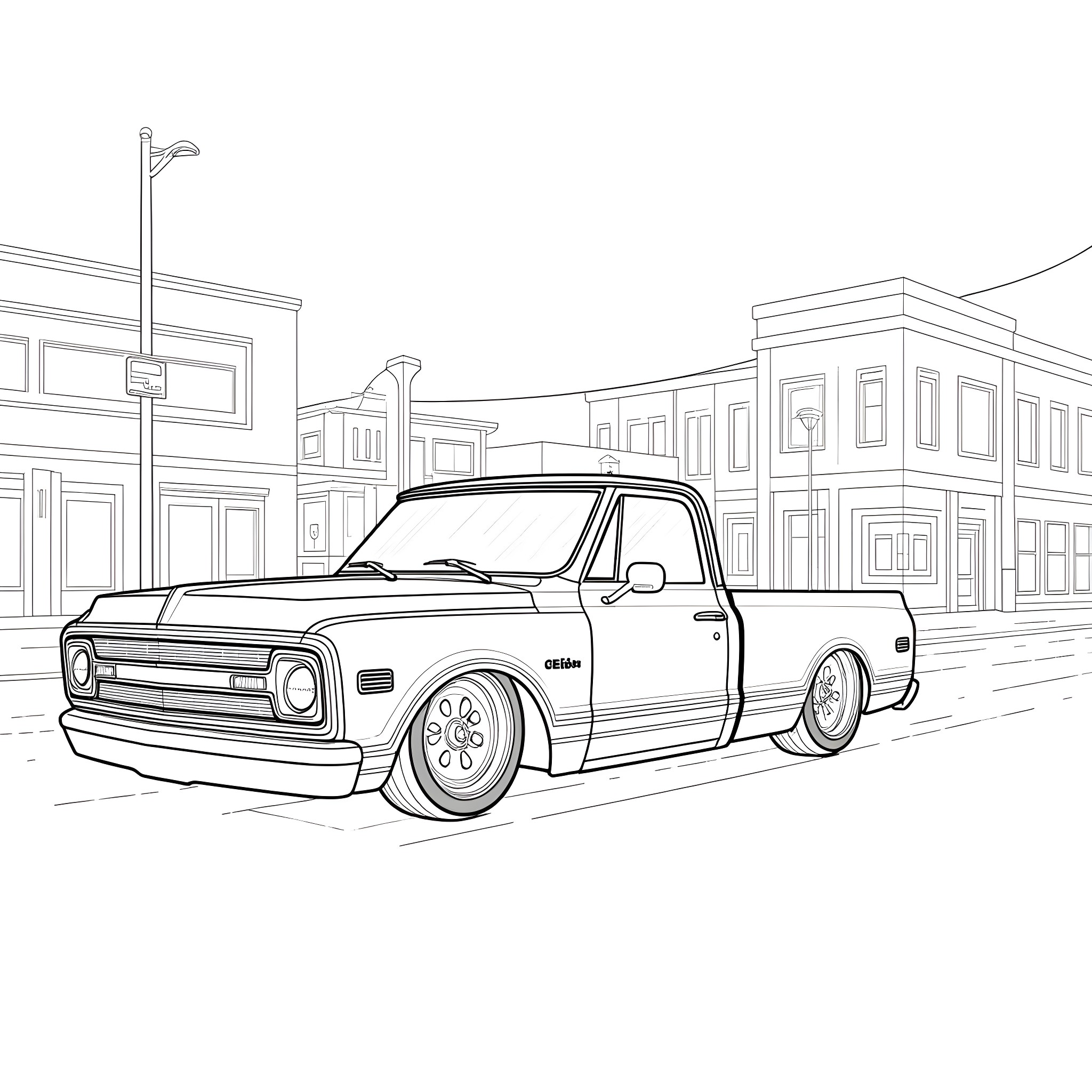 Chevy C10 truck parked on city street Coloring Page (free black-and-white line drawing printable PDF for all, from beginners to advanced learners, including children, teens, adults, and seniors)