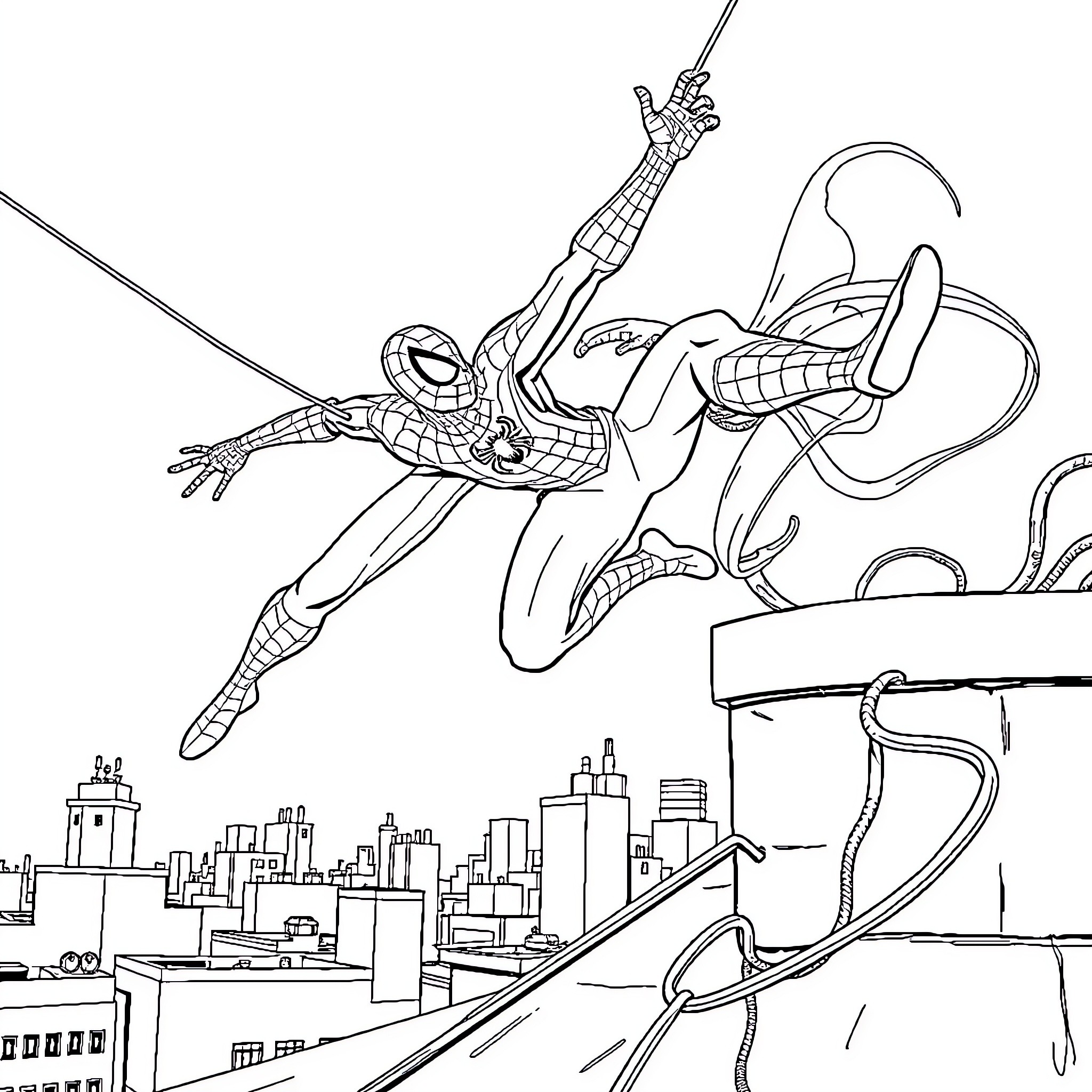 Spider-Man swinging over the city skyline Coloring Page (free black-and-white line drawing printable PDF for all, from beginners to advanced learners, including children, teens, adults, and seniors)