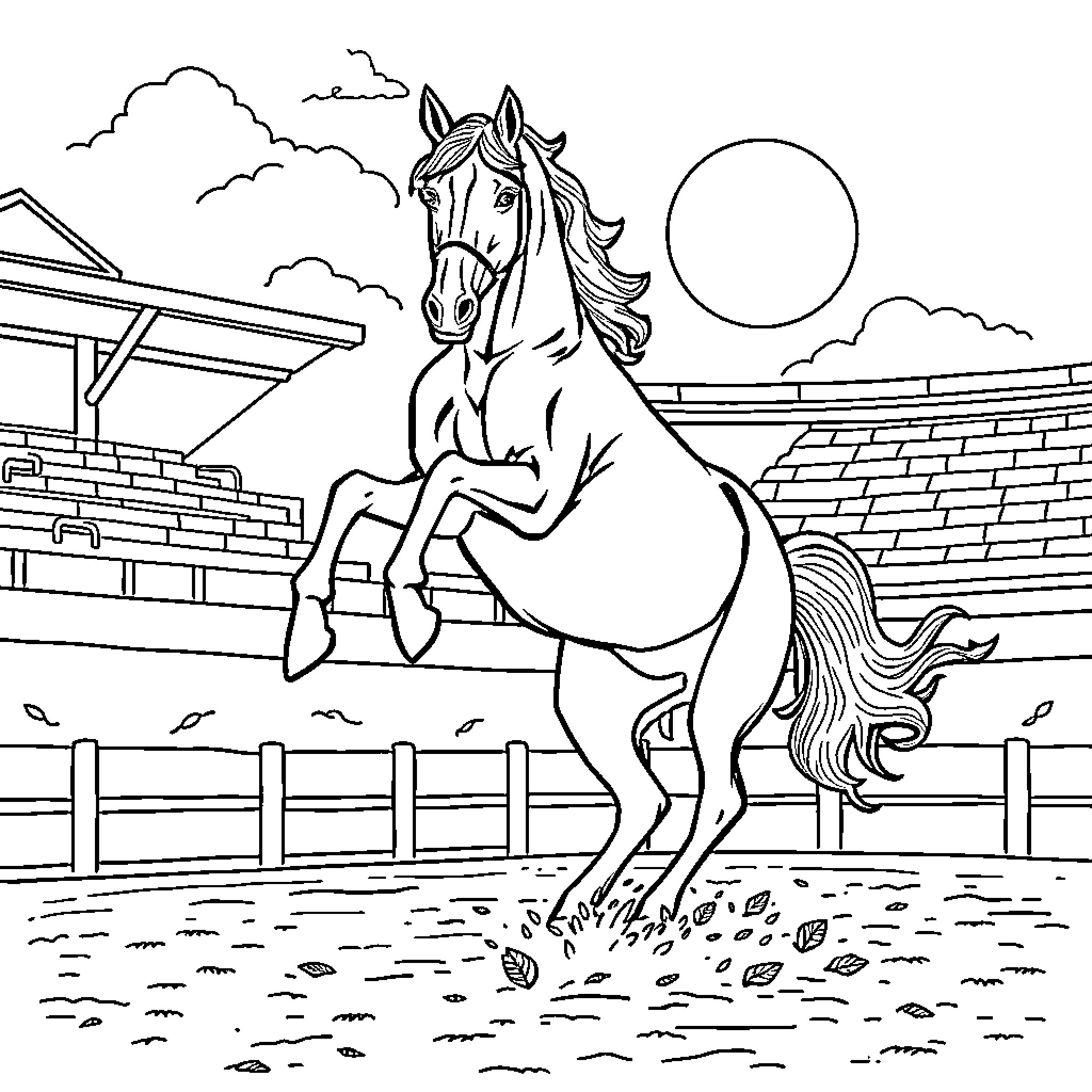 Horse Rearing Up in Barnyard Setting Coloring Page (free black-and-white line drawing printable PDF for all, from beginners to advanced learners, including children, teens, adults, and seniors)