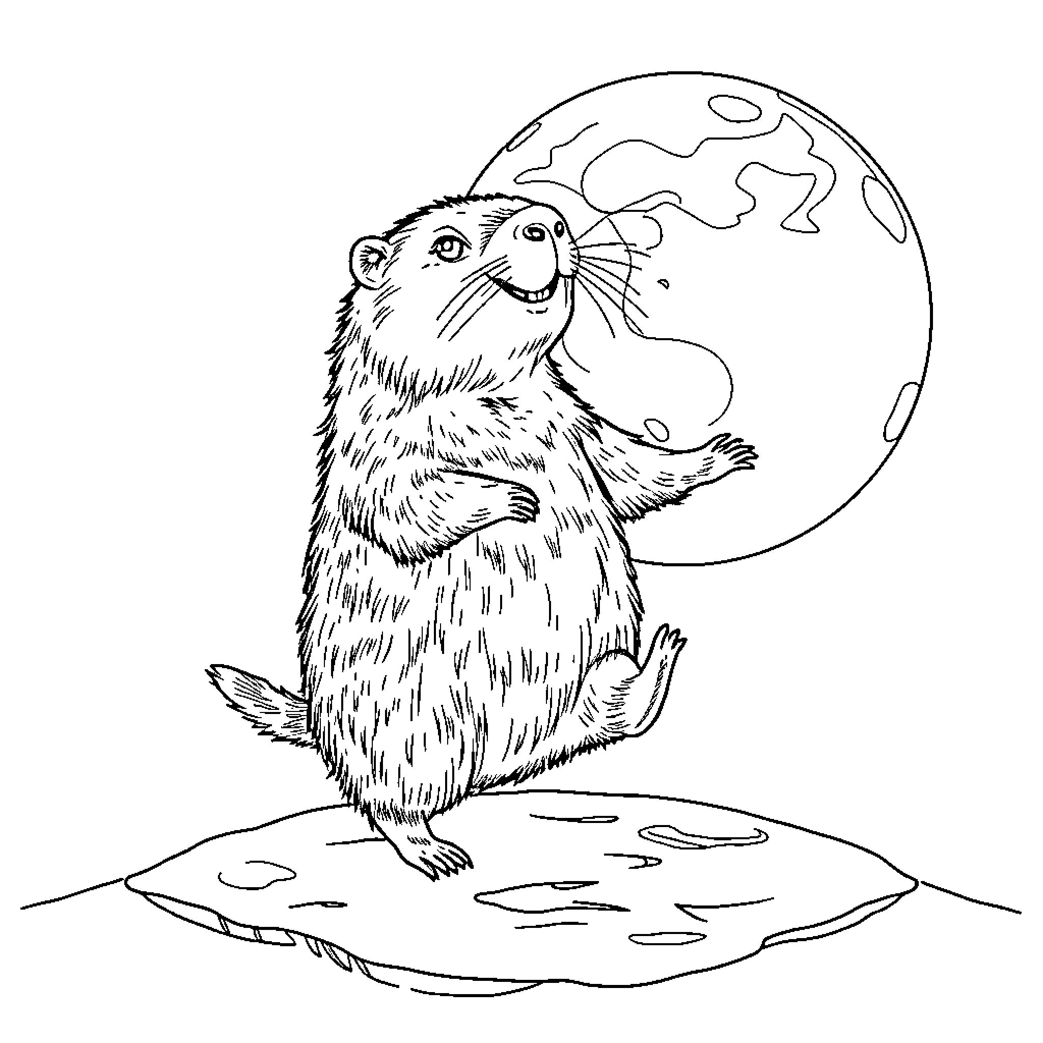 Capybara admiring the moon Coloring Page (free black-and-white line drawing printable PDF for all, from beginners to advanced learners, including children, teens, adults, and seniors)
