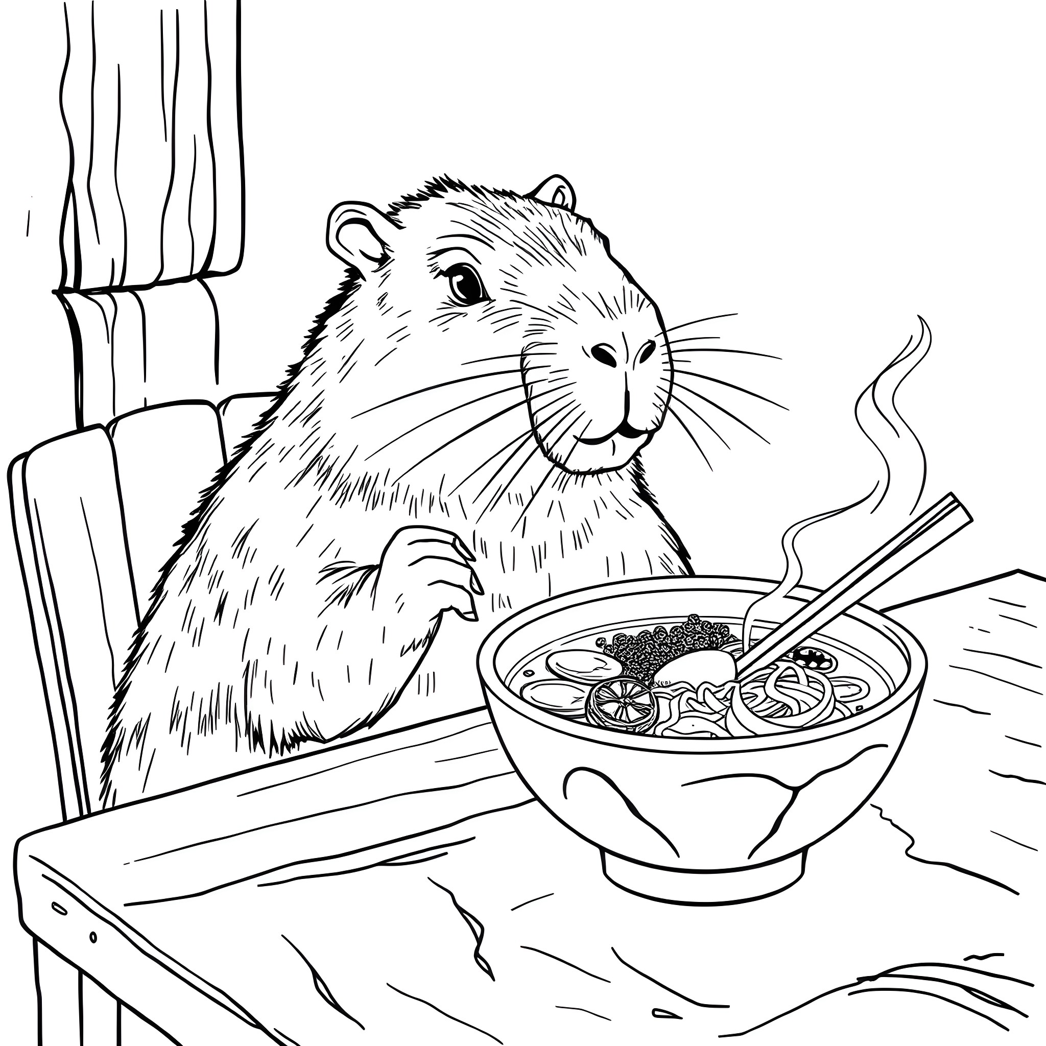 Capybara enjoying a hot meal in the kitchen Coloring Page (free black-and-white line drawing printable PDF for all, from beginners to advanced learners, including children, teens, adults, and seniors)