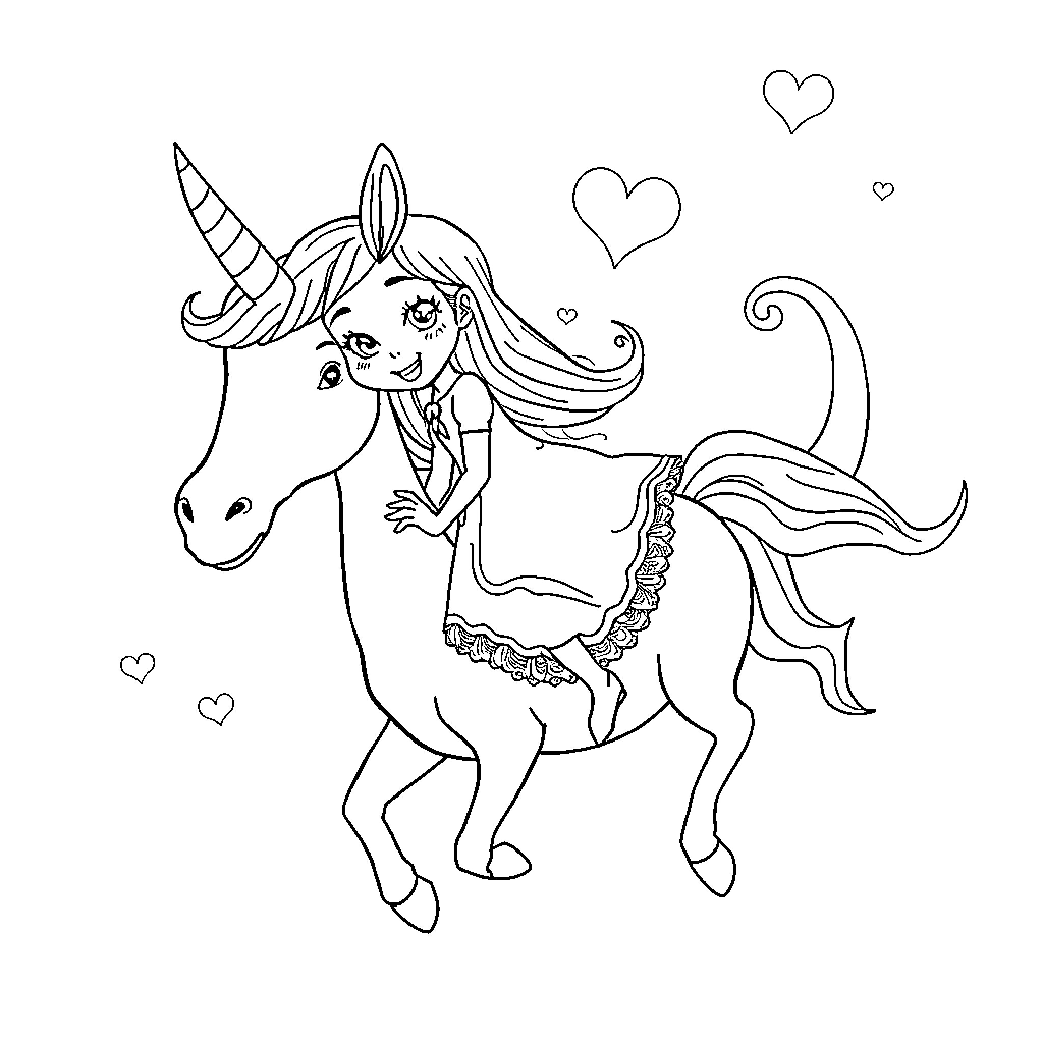 Girl riding a magical unicorn with hearts Coloring Page (free black-and-white line drawing printable PDF for all, from beginners to advanced learners, including children, teens, adults, and seniors)