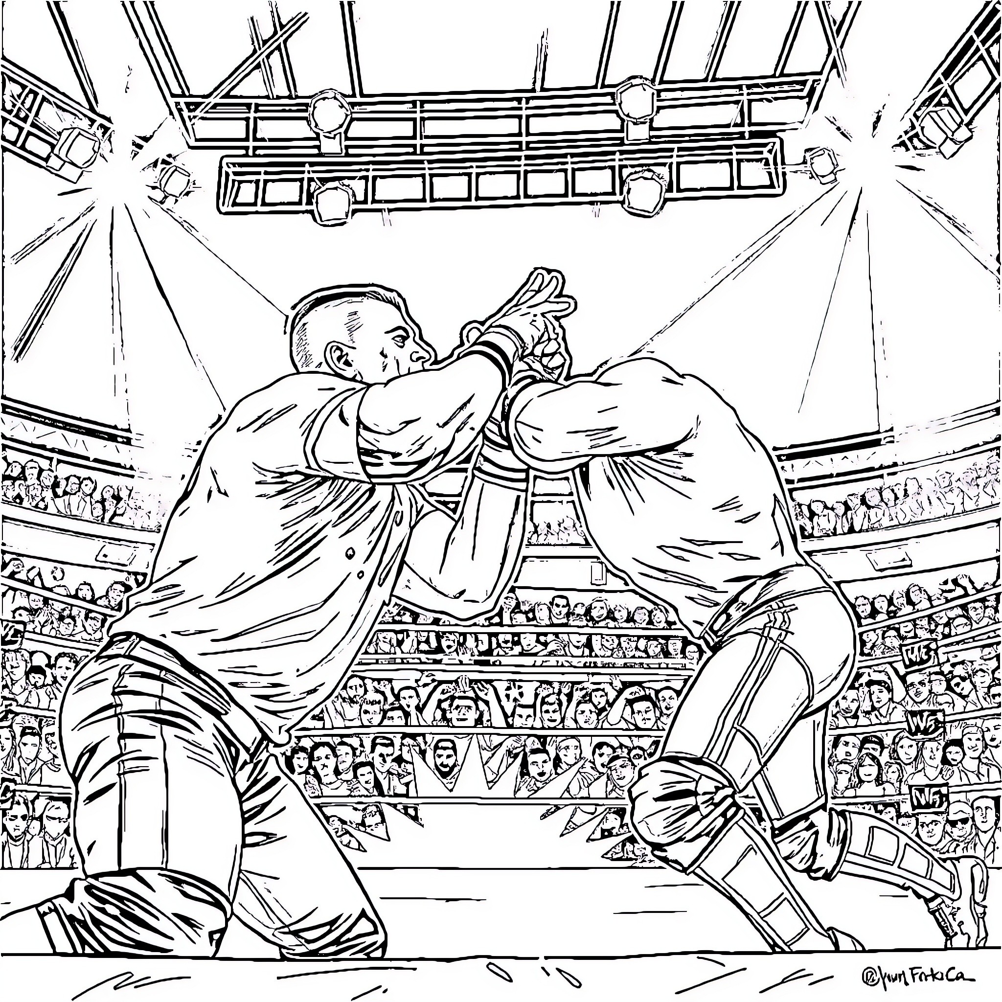 John Cena battling a formidable opponent in a wrestling arena Coloring Page (free black-and-white line drawing printable PDF for all, from beginners to advanced learners, including children, teens, adults, and seniors)