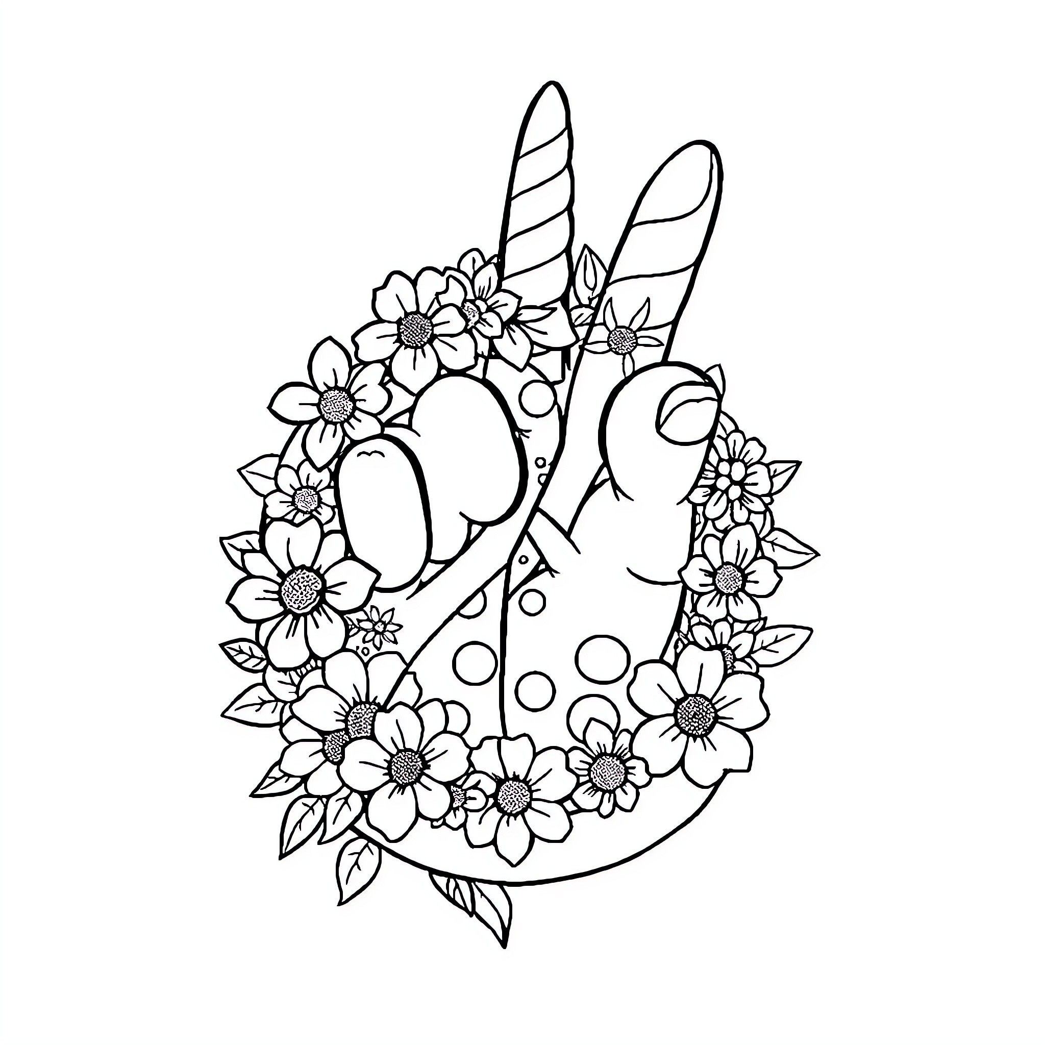 Unicorn Surrounded by Whimsical Floral Wreath Coloring Page (free black-and-white line drawing printable PDF for all, from beginners to advanced learners, including children, teens, adults, and seniors)
