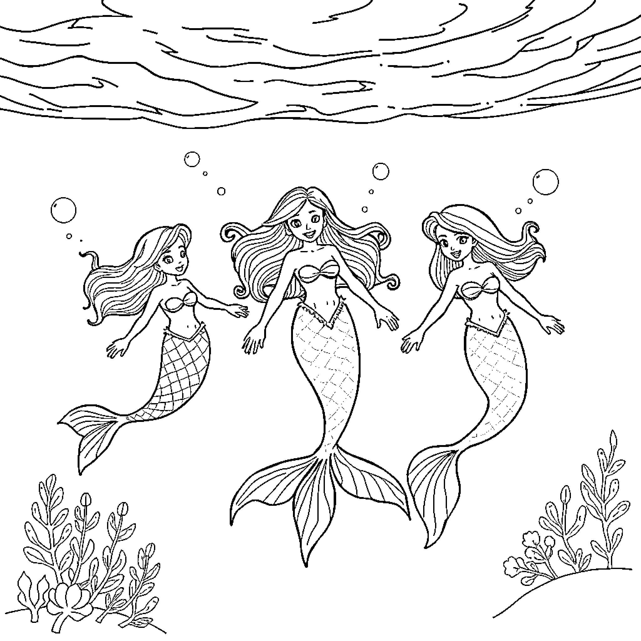 Mermaid trio swimming gracefully in the sea Coloring Page (free black-and-white line drawing printable PDF for all, from beginners to advanced learners, including children, teens, adults, and seniors)