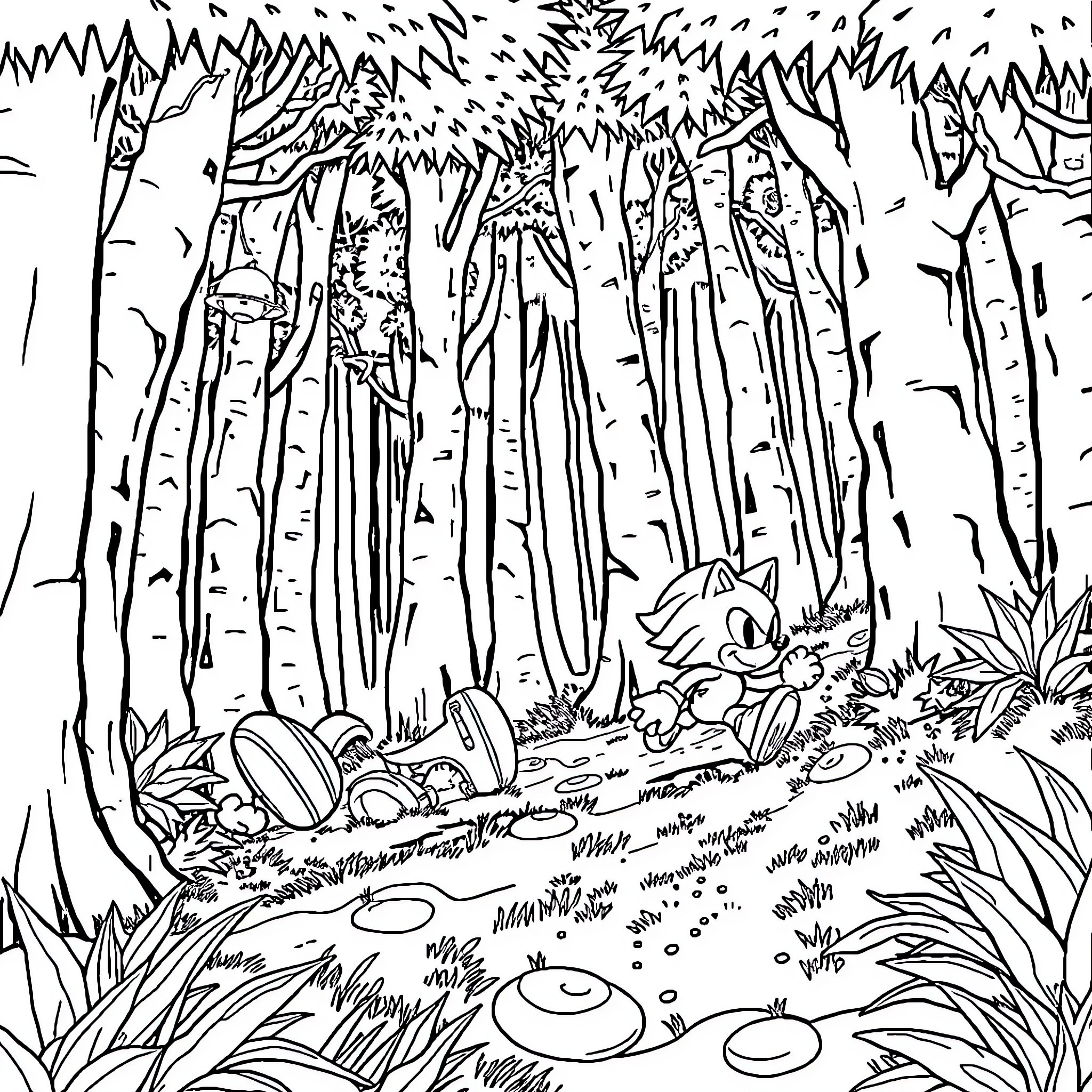 Mario's Woodland Adventure Coloring Page (free black-and-white line drawing printable PDF for all, from beginners to advanced learners, including children, teens, adults, and seniors)