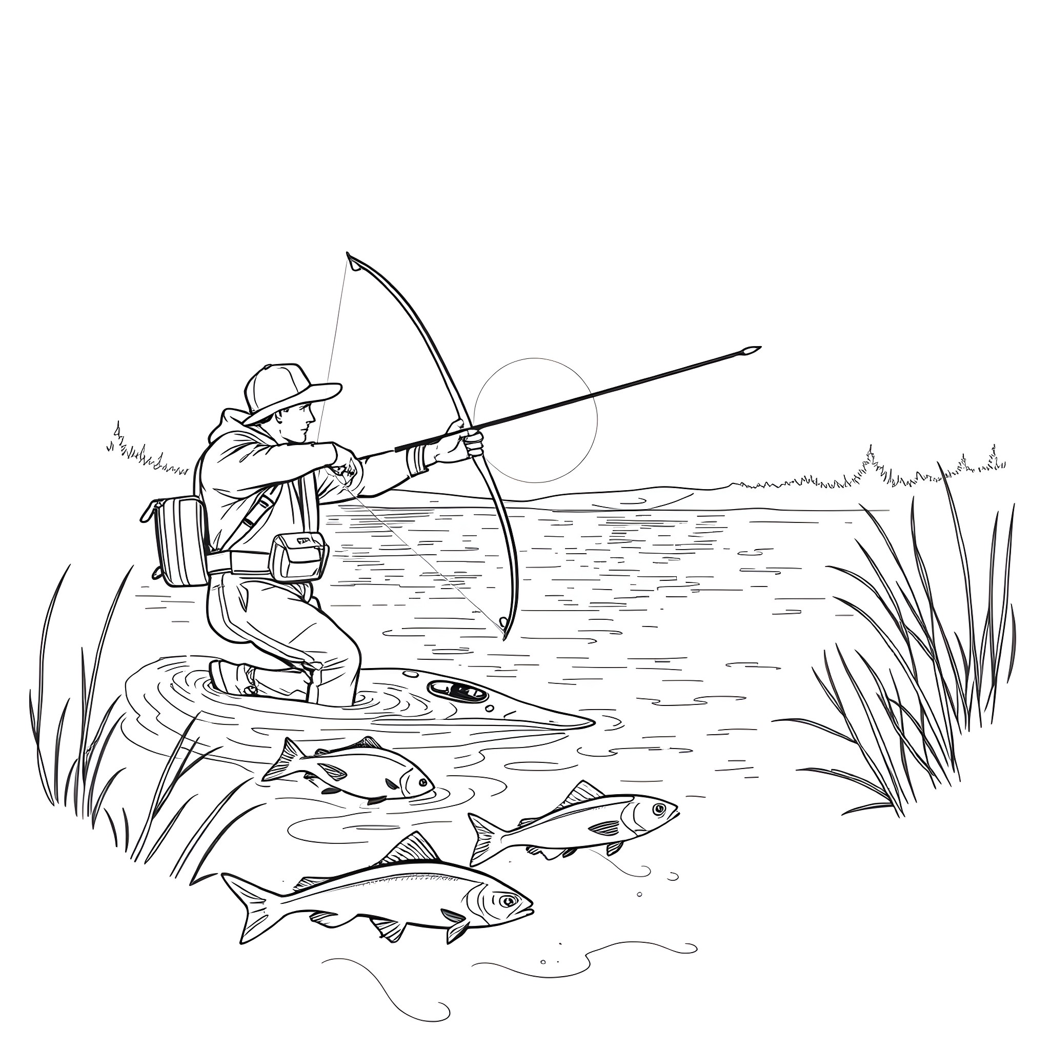 Bowfishing adventure in the water Coloring Page (free black-and-white line drawing printable PDF for all, from beginners to advanced learners, including children, teens, adults, and seniors)