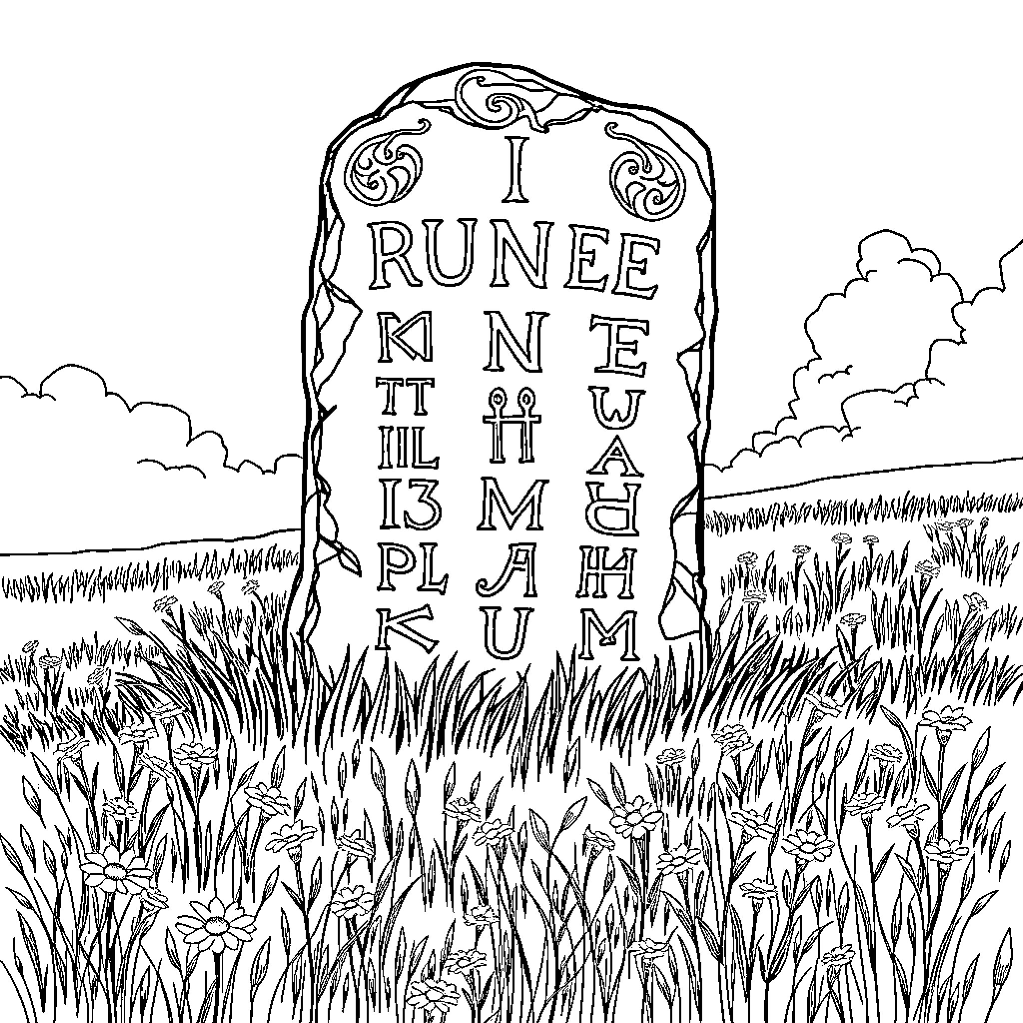 Runestone with ancient runes in a grassy field Coloring Page (free black-and-white line drawing printable PDF for all, from beginners to advanced learners, including children, teens, adults, and seniors)
