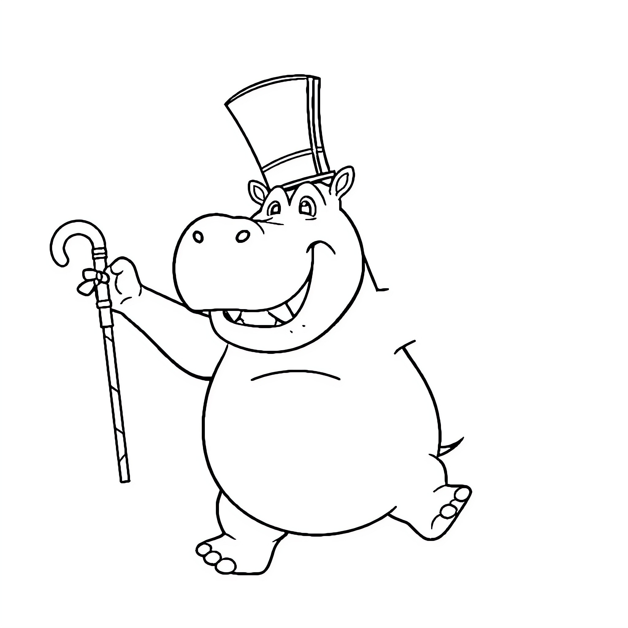 Hippo in top hat holding cane, smiling Coloring Page (free black-and-white line drawing printable PDF for all, from beginners to advanced learners, including children, teens, adults, and seniors)