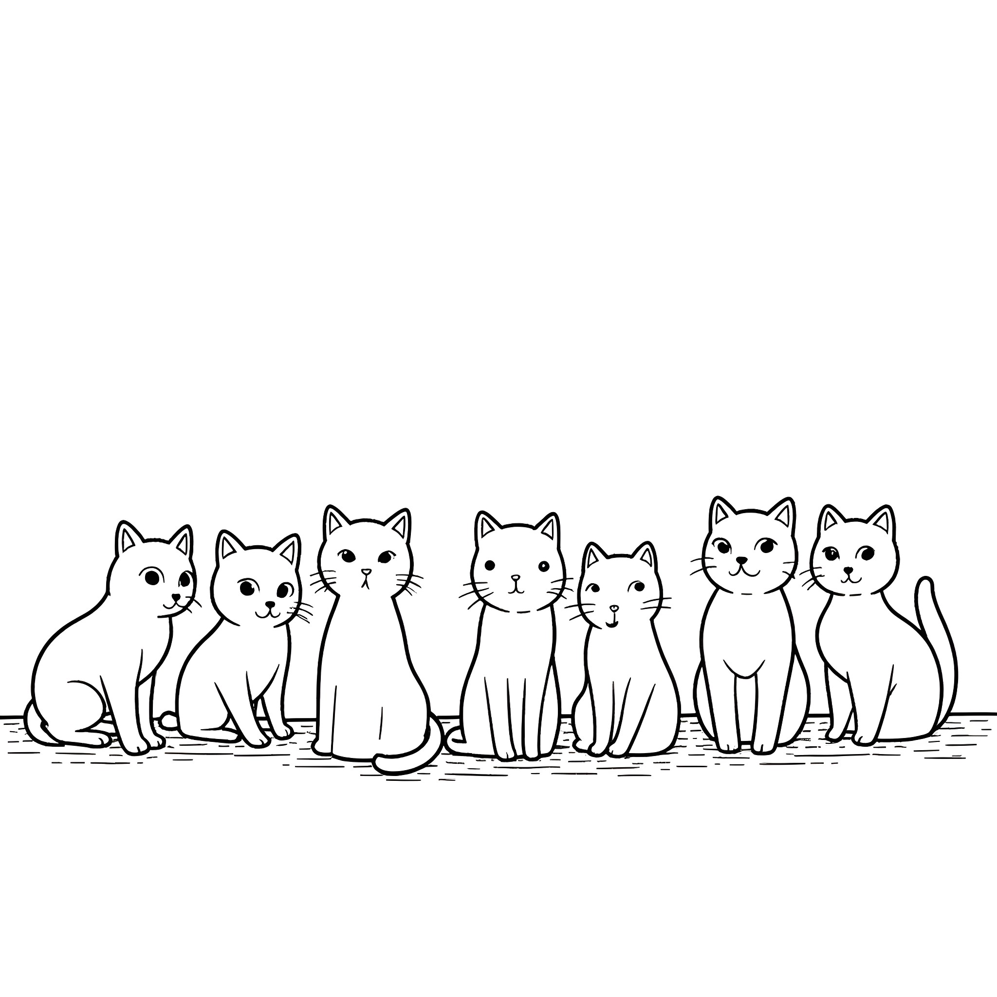 Cat pack posing together Coloring Page (free black-and-white line drawing printable PDF for all, from beginners to advanced learners, including children, teens, adults, and seniors)