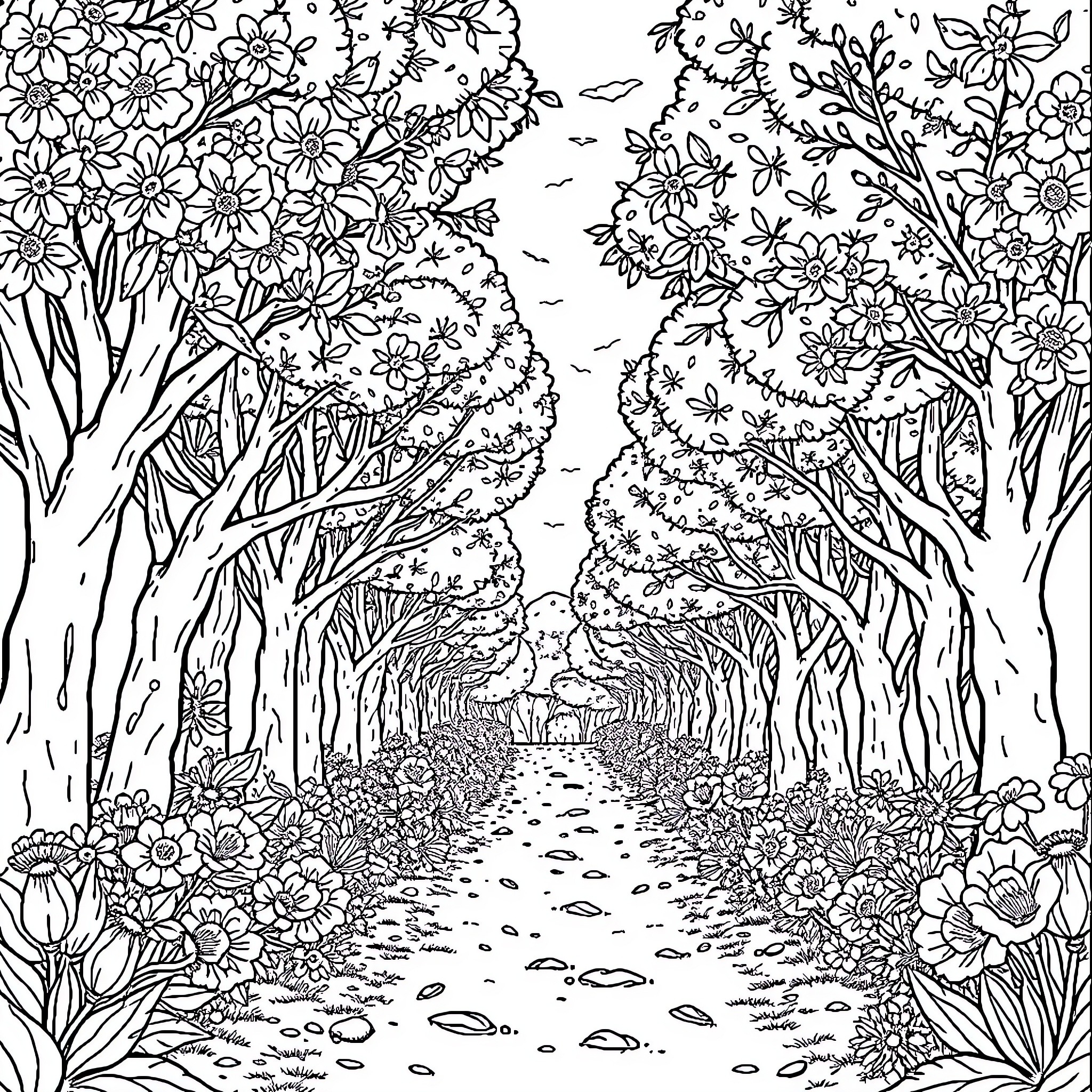 Valley of Blooming Flowers and Winding Path Coloring Page (free black-and-white line drawing printable PDF for all, from beginners to advanced learners, including children, teens, adults, and seniors)