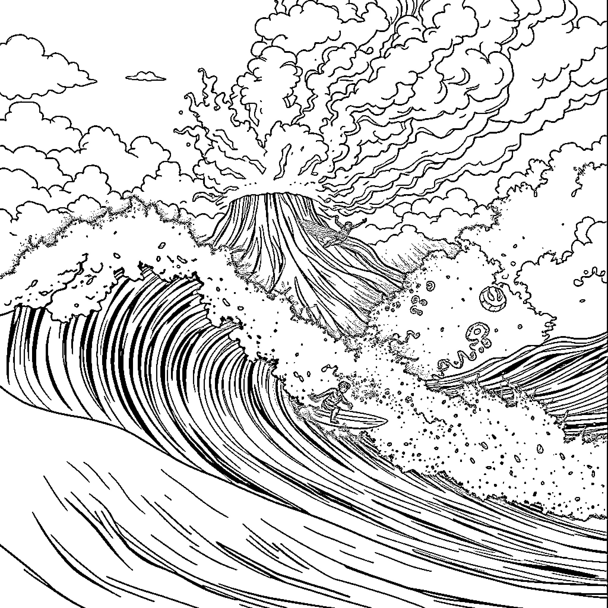 Surfer navigating through crashing waves and volcanic eruption Coloring Page (free black-and-white line drawing printable PDF for all, from beginners to advanced learners, including children, teens, adults, and seniors)
