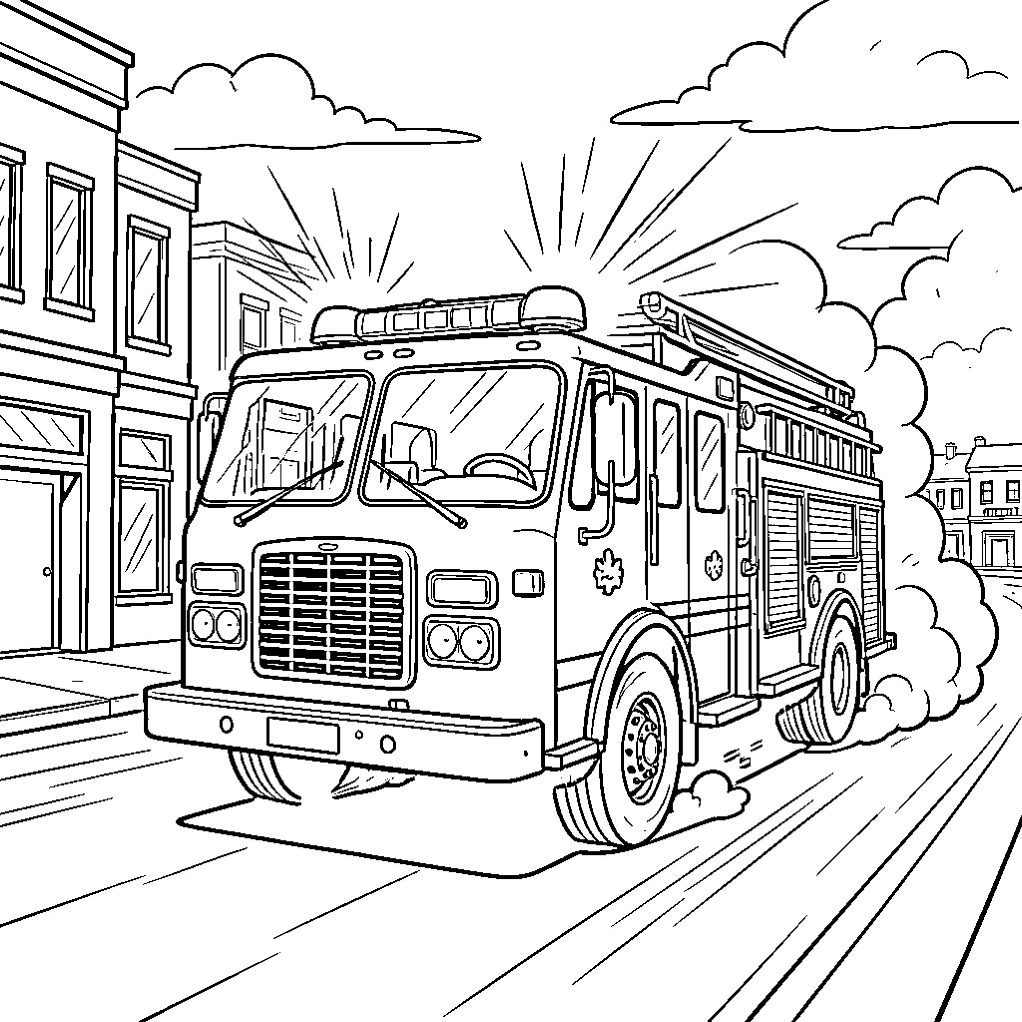 Firefighter Motorcycle driving a large emergency vehicle through streets Coloring Page (free black-and-white line drawing printable PDF for all, from beginners to advanced learners, including children, teens, adults, and seniors)
