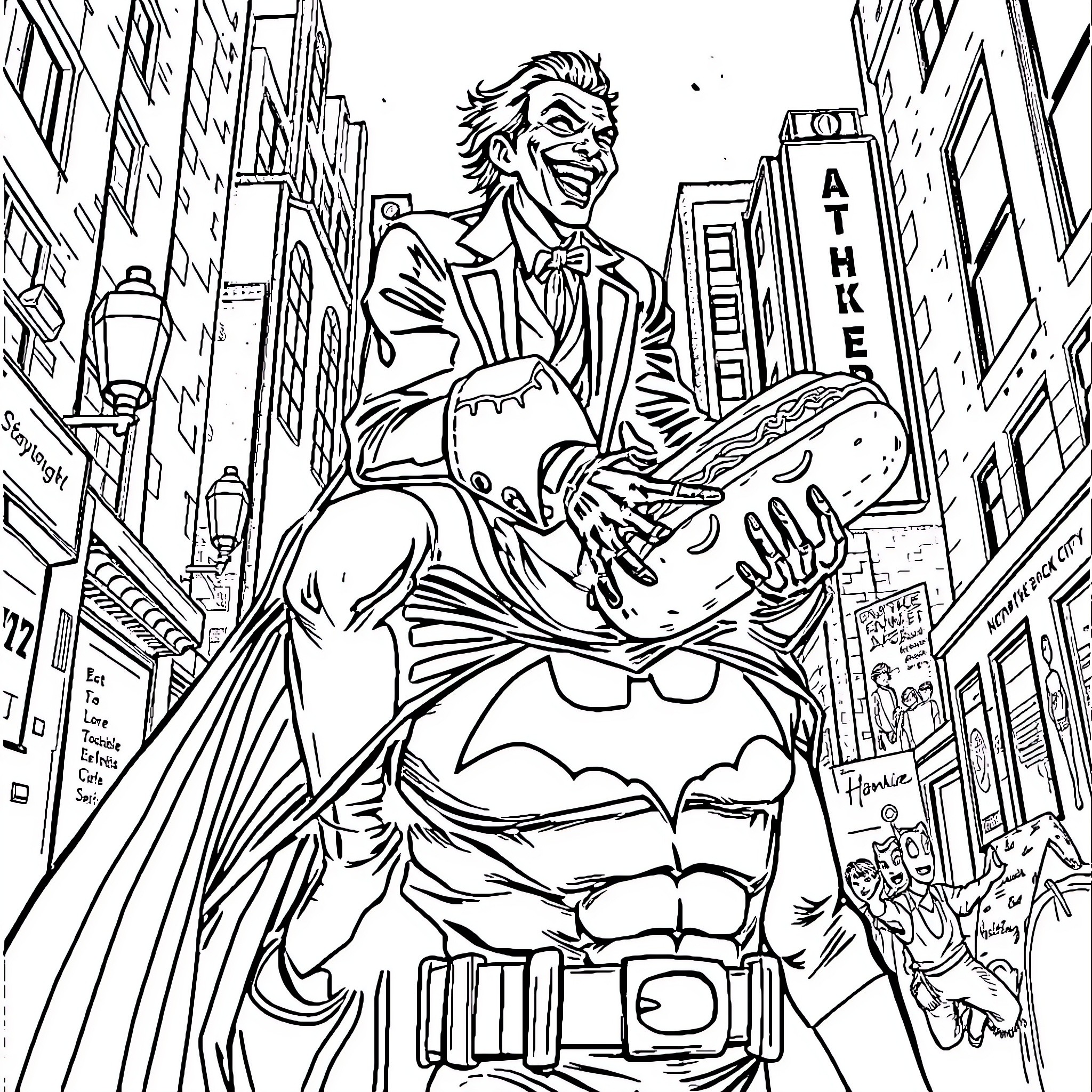 Joker's Chaotic Reign in the City Coloring Page (free black-and-white line drawing printable PDF for all, from beginners to advanced learners, including children, teens, adults, and seniors)