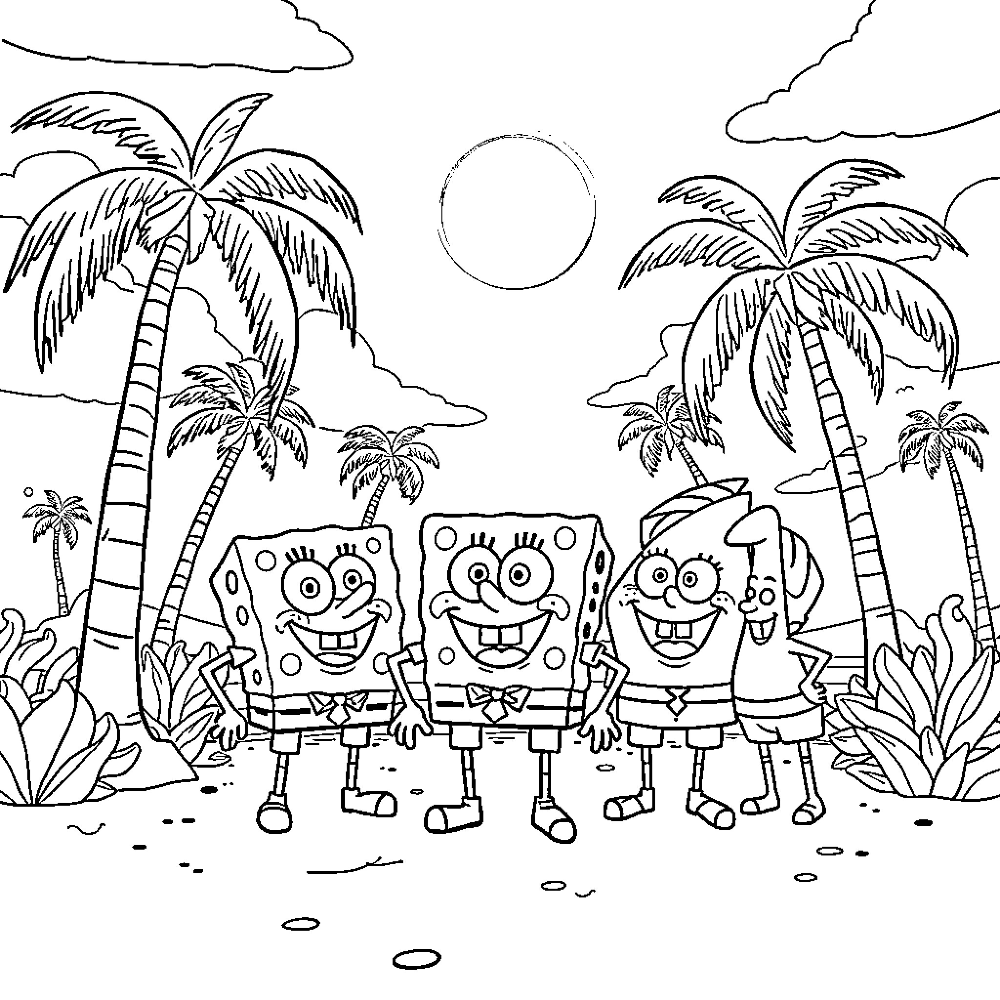 Spongebob and friends on a tropical beach adventure Coloring Page (free black-and-white line drawing printable PDF for all, from beginners to advanced learners, including children, teens, adults, and seniors)