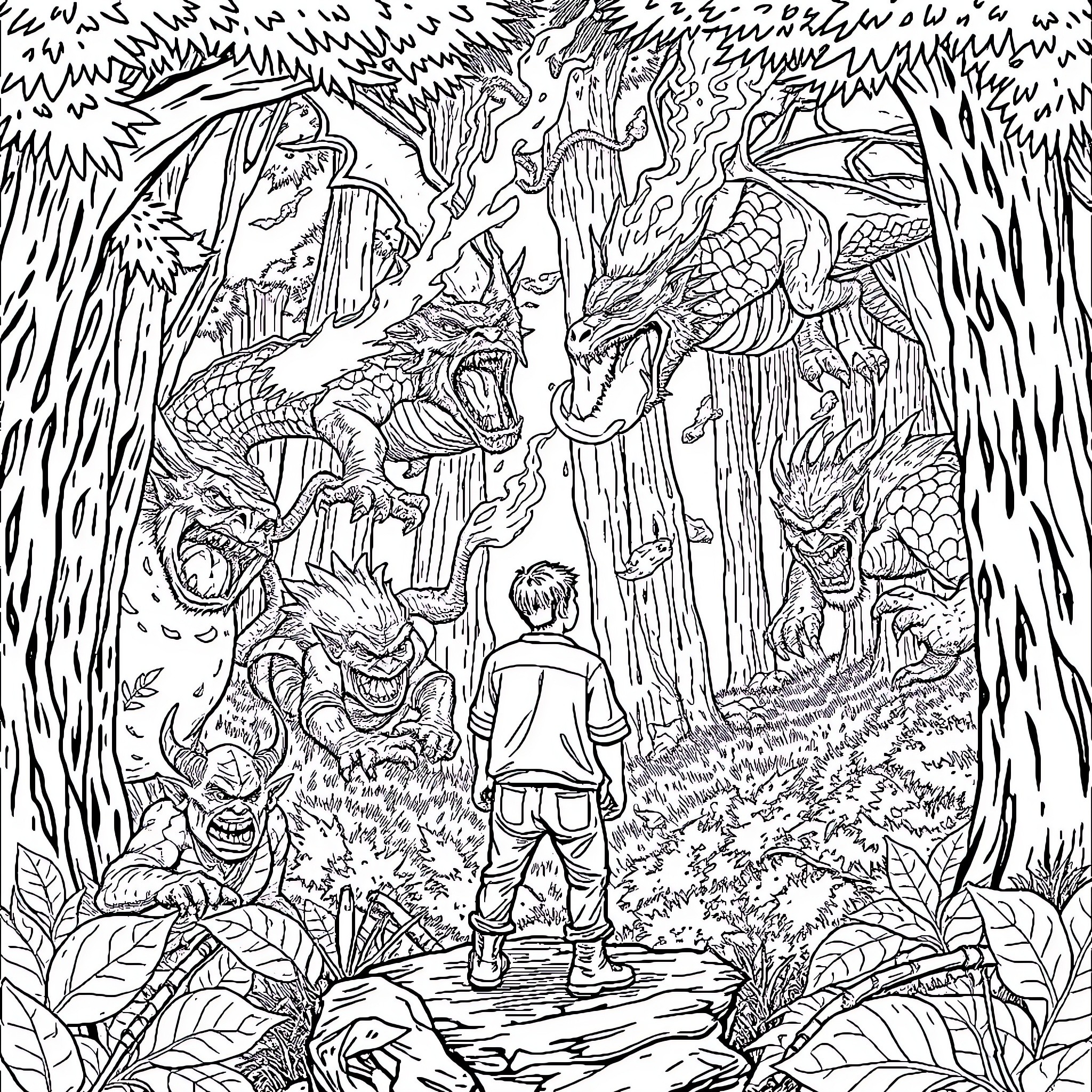 Man exploring the mysterious fantasy forest Coloring Page (free black-and-white line drawing printable PDF for all, from beginners to advanced learners, including children, teens, adults, and seniors)