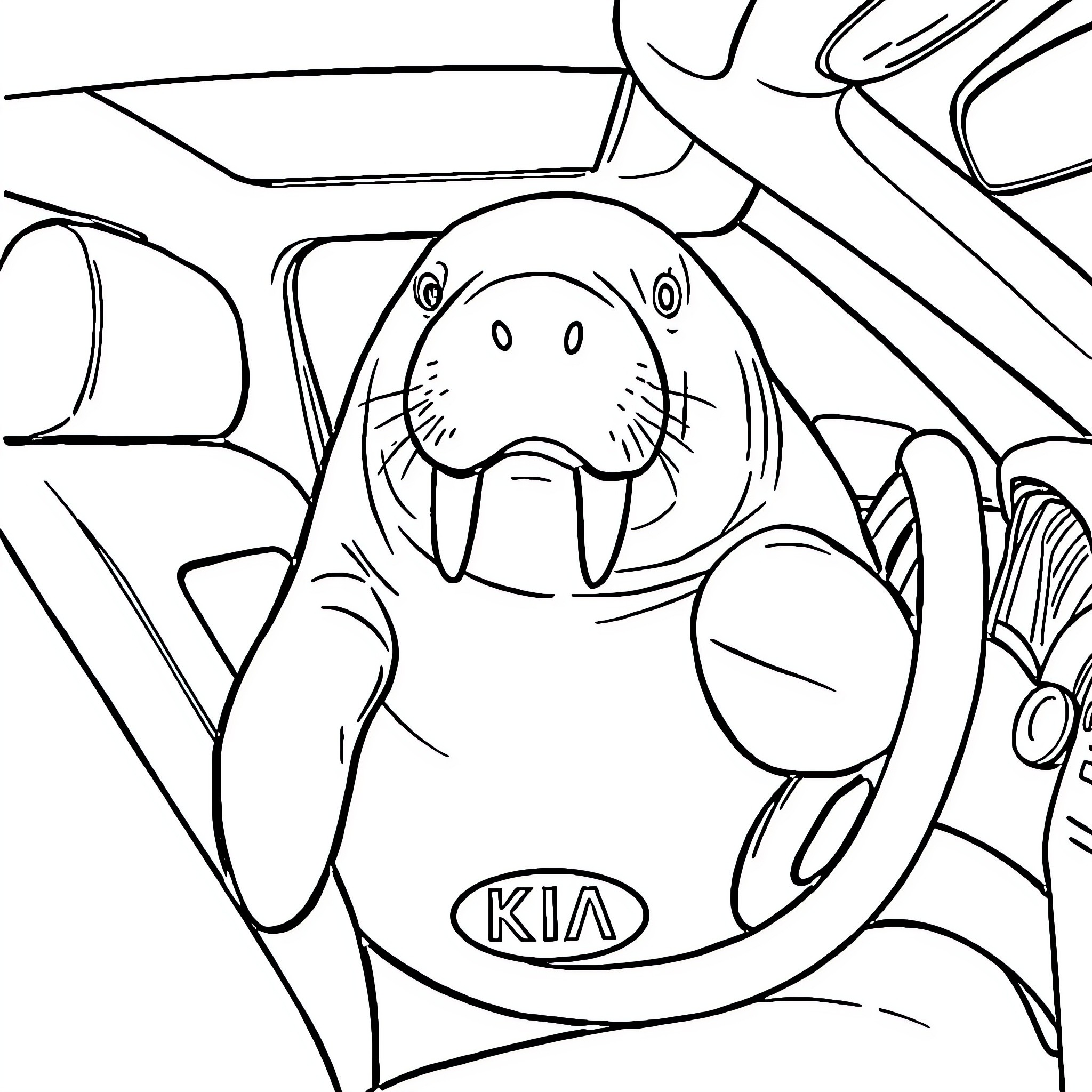 Manatee riding inside a Kia car Coloring Page (free black-and-white line drawing printable PDF for all, from beginners to advanced learners, including children, teens, adults, and seniors)