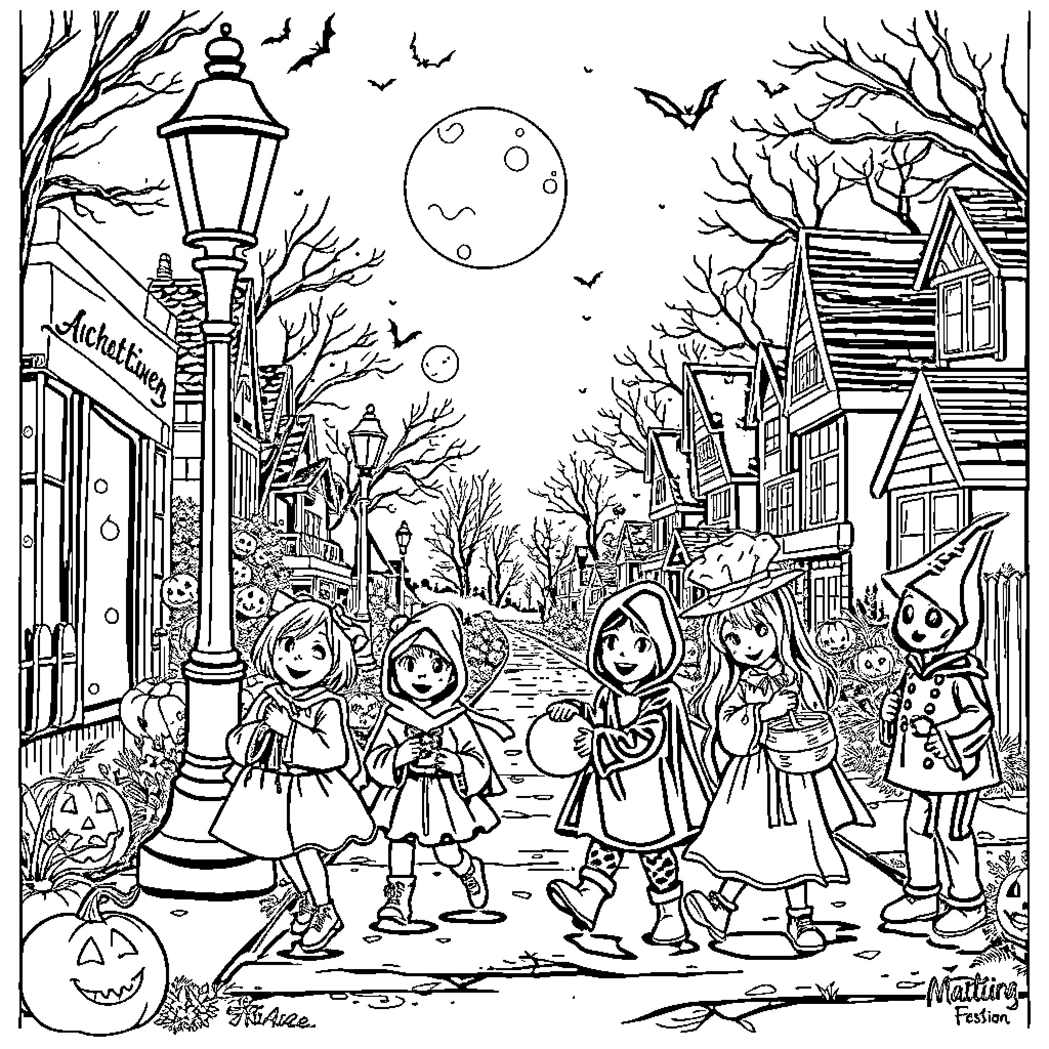 Halloween Trick-or-Treating in a Spooky Town Coloring Page (free black-and-white line drawing printable PDF for all, from beginners to advanced learners, including children, teens, adults, and seniors)