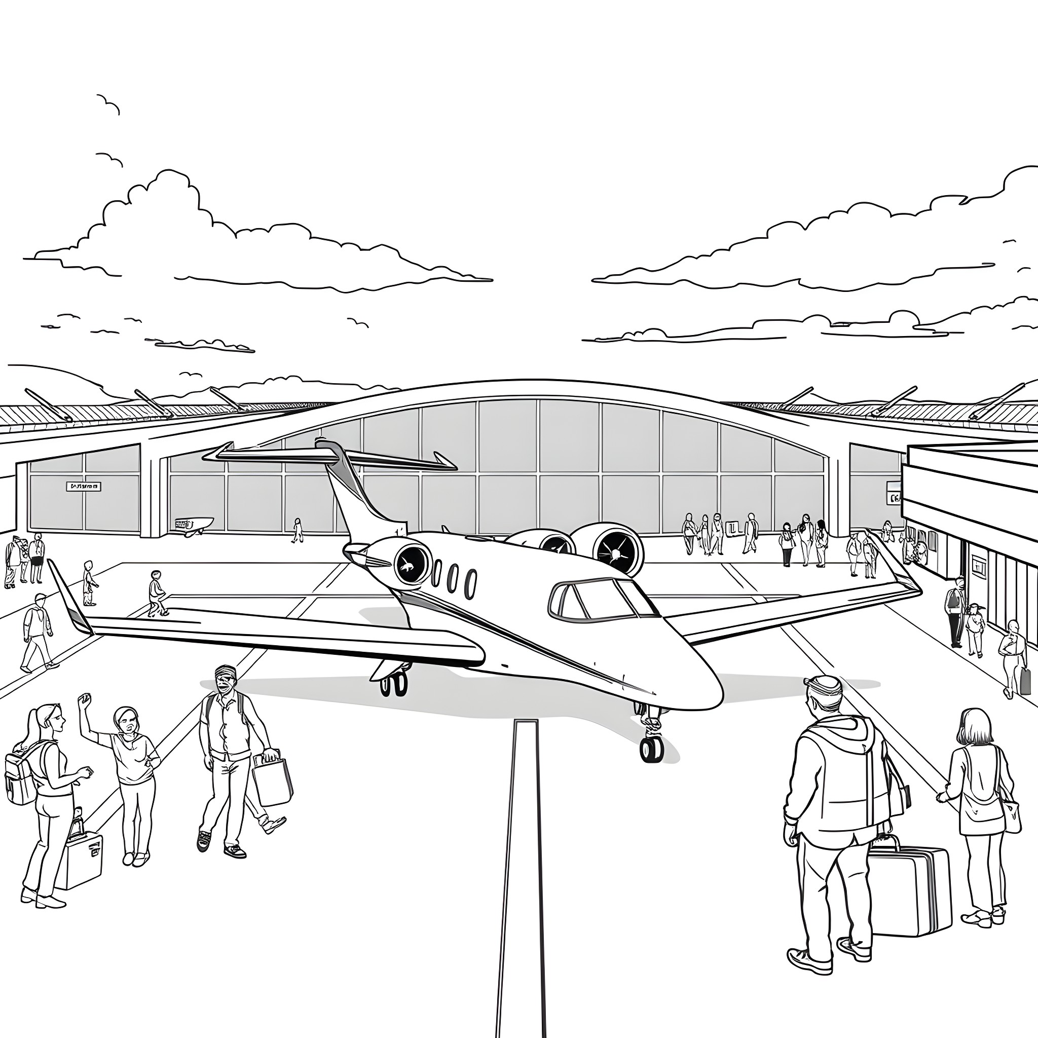 Jet aircraft parked at the airport terminal Coloring Page (free black-and-white line drawing printable PDF for all, from beginners to advanced learners, including children, teens, adults, and seniors)