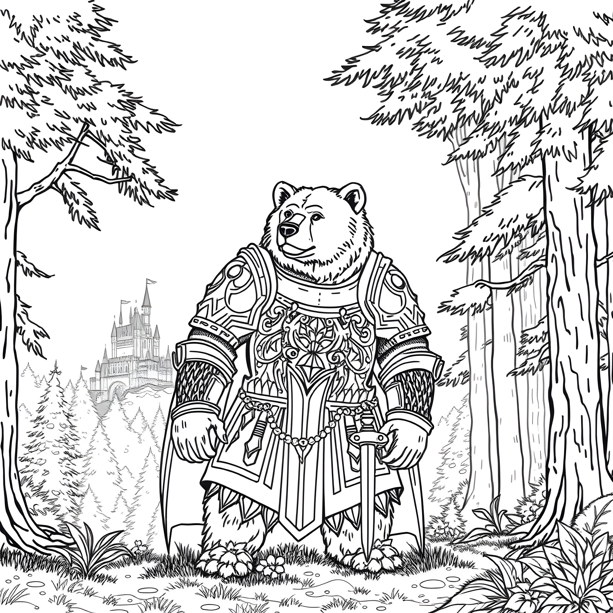 Bear warrior wielding sword in enchanted forest Coloring Page (free black-and-white line drawing printable PDF for all, from beginners to advanced learners, including children, teens, adults, and seniors)
