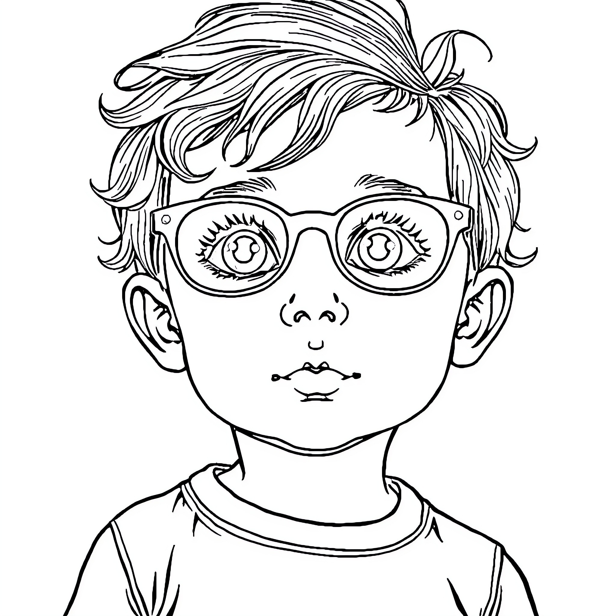 Child in Glasses and Playful Hairstyle Coloring Page (free black-and-white line drawing printable PDF for all, from beginners to advanced learners, including children, teens, adults, and seniors)