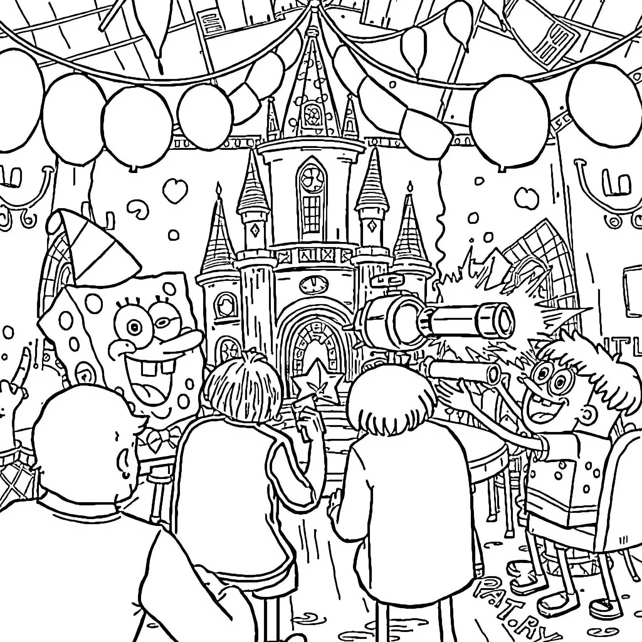Spongebob and friends explore a festive carnival scene Coloring Page (free black-and-white line drawing printable PDF for all, from beginners to advanced learners, including children, teens, adults, and seniors)