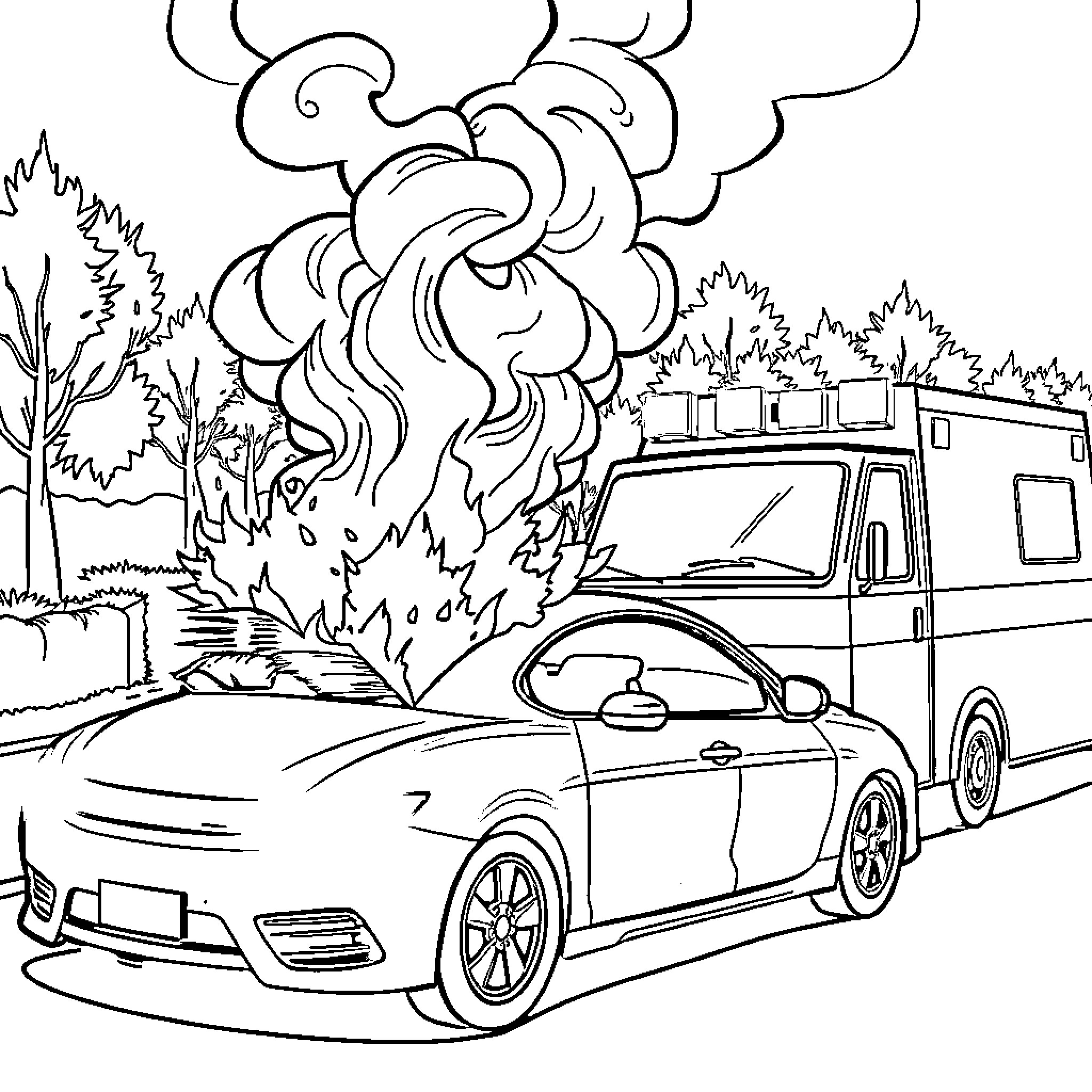 Car responds to emergency situation in nature Coloring Page (free black-and-white line drawing printable PDF for all, from beginners to advanced learners, including children, teens, adults, and seniors)