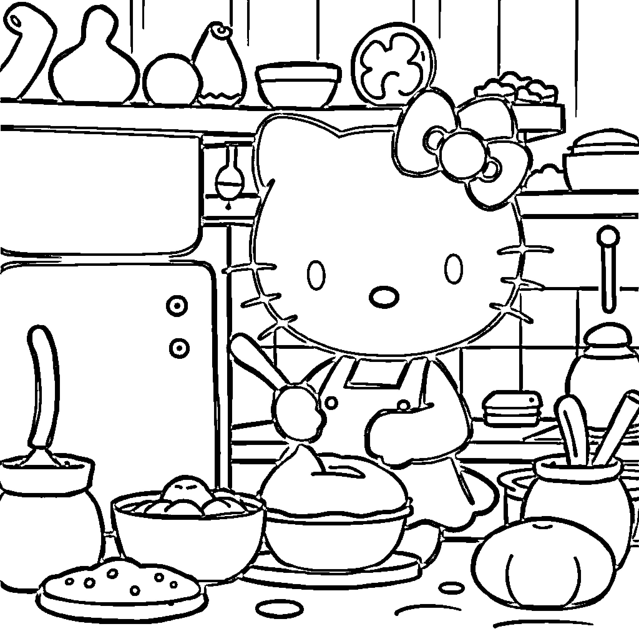 Hello Kitty cooking in a busy kitchen Coloring Page (free black-and-white line drawing printable PDF for all, from beginners to advanced learners, including children, teens, adults, and seniors)