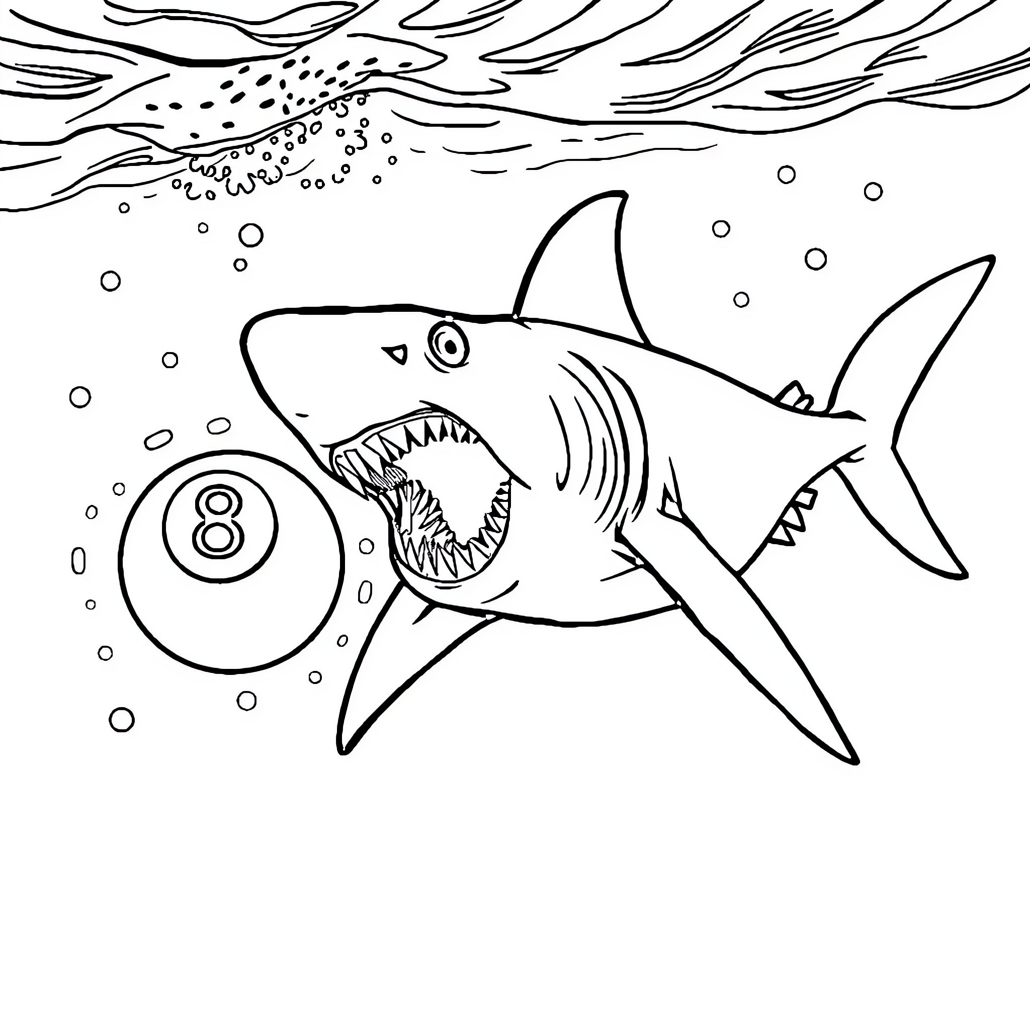 Shark attacking billiard ball underwater Coloring Page (free black-and-white line drawing printable PDF for all, from beginners to advanced learners, including children, teens, adults, and seniors)