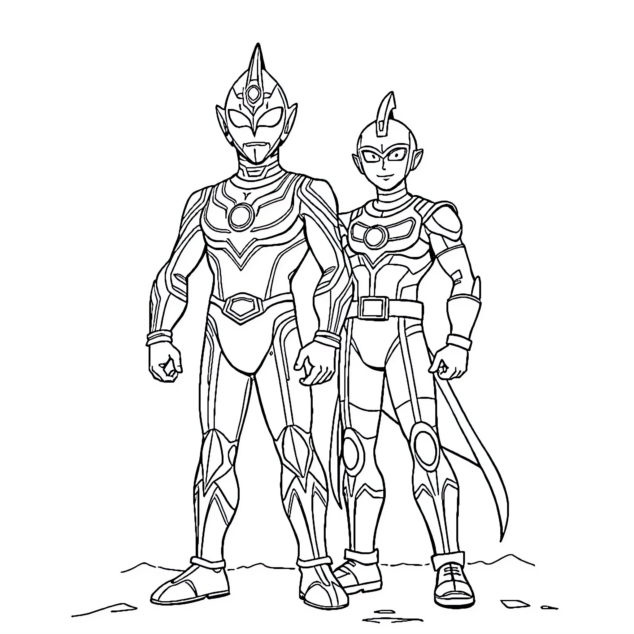 Ultraman heroes in action poses Coloring Page (free black-and-white line drawing printable PDF for all, from beginners to advanced learners, including children, teens, adults, and seniors)
