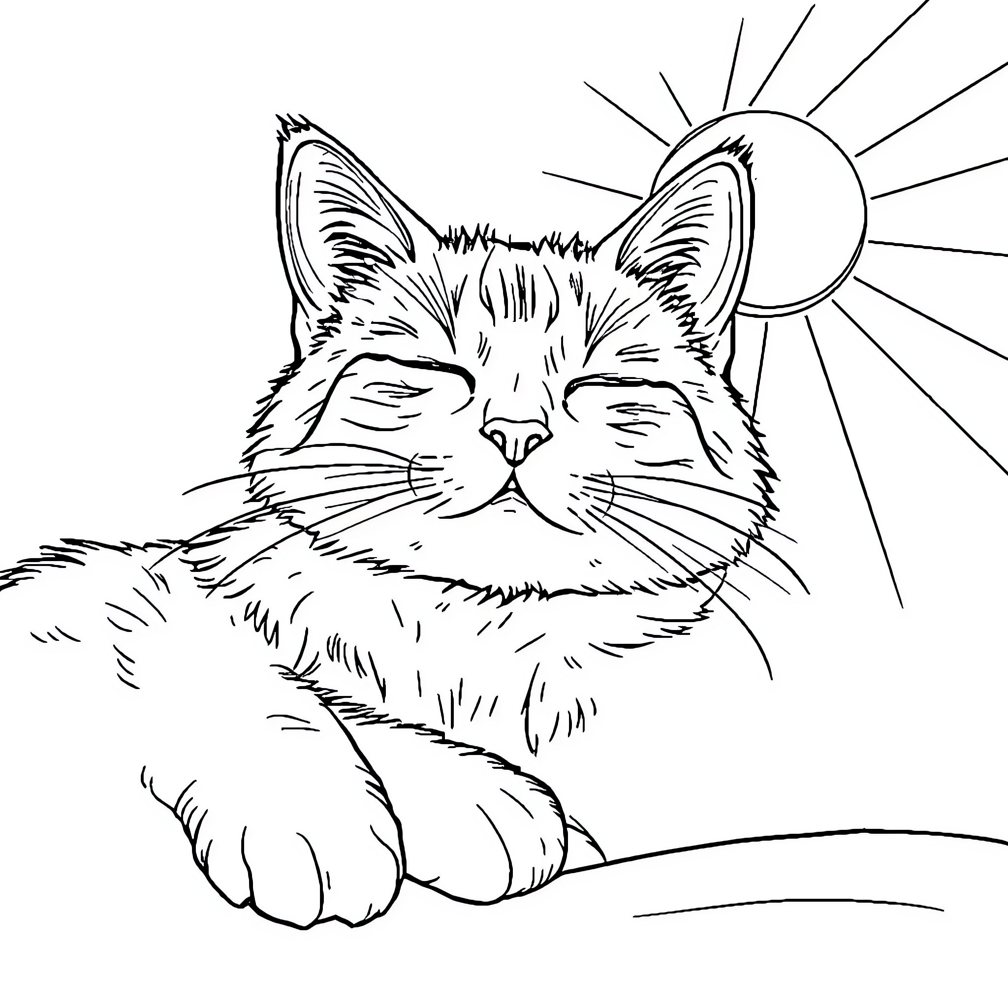Gato basking in the sun's warmth Coloring Page (free black-and-white line drawing printable PDF for all, from beginners to advanced learners, including children, teens, adults, and seniors)