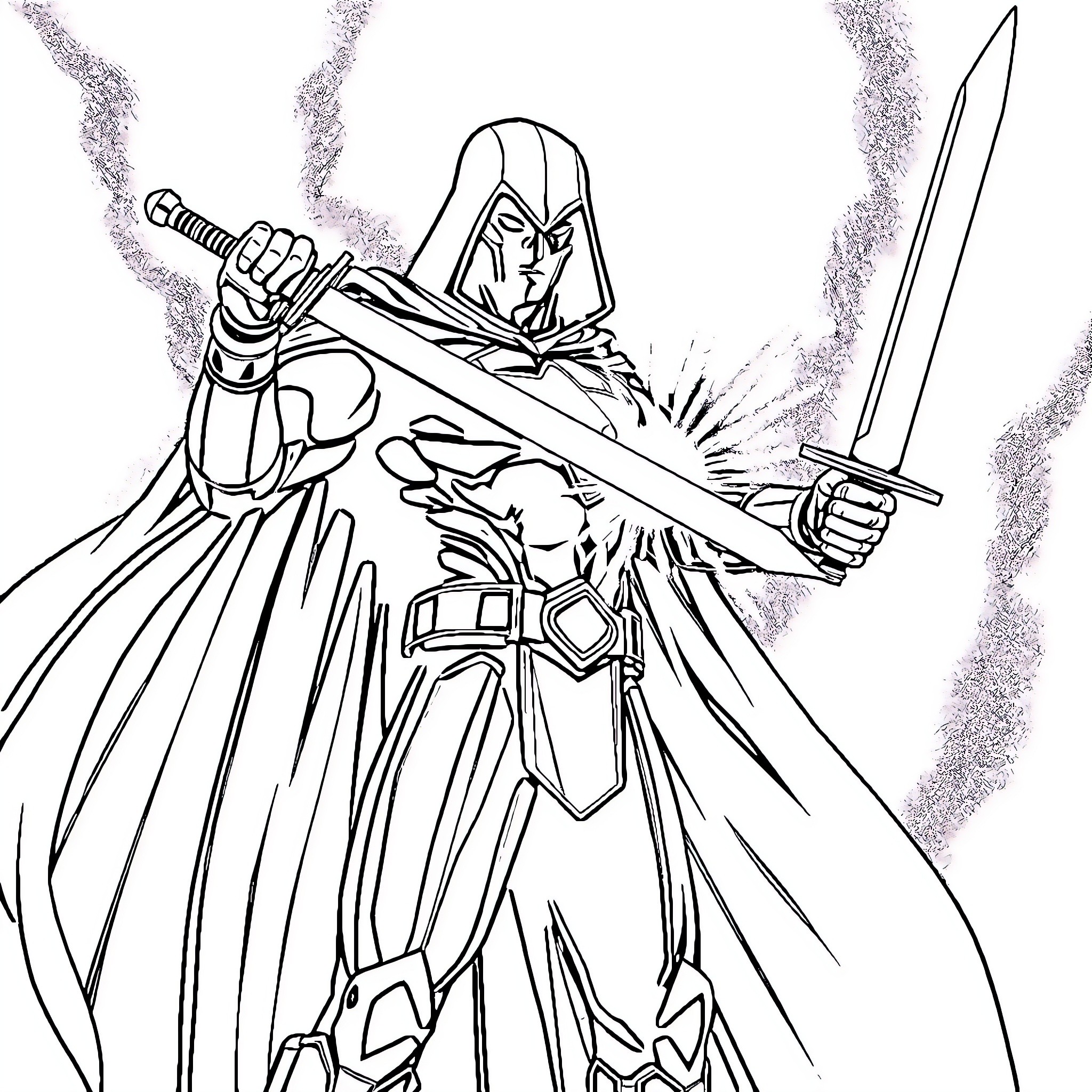 Superhero in Armored Garb Wielding Powerful Sword Coloring Page (free black-and-white line drawing printable PDF for all, from beginners to advanced learners, including children, teens, adults, and seniors)