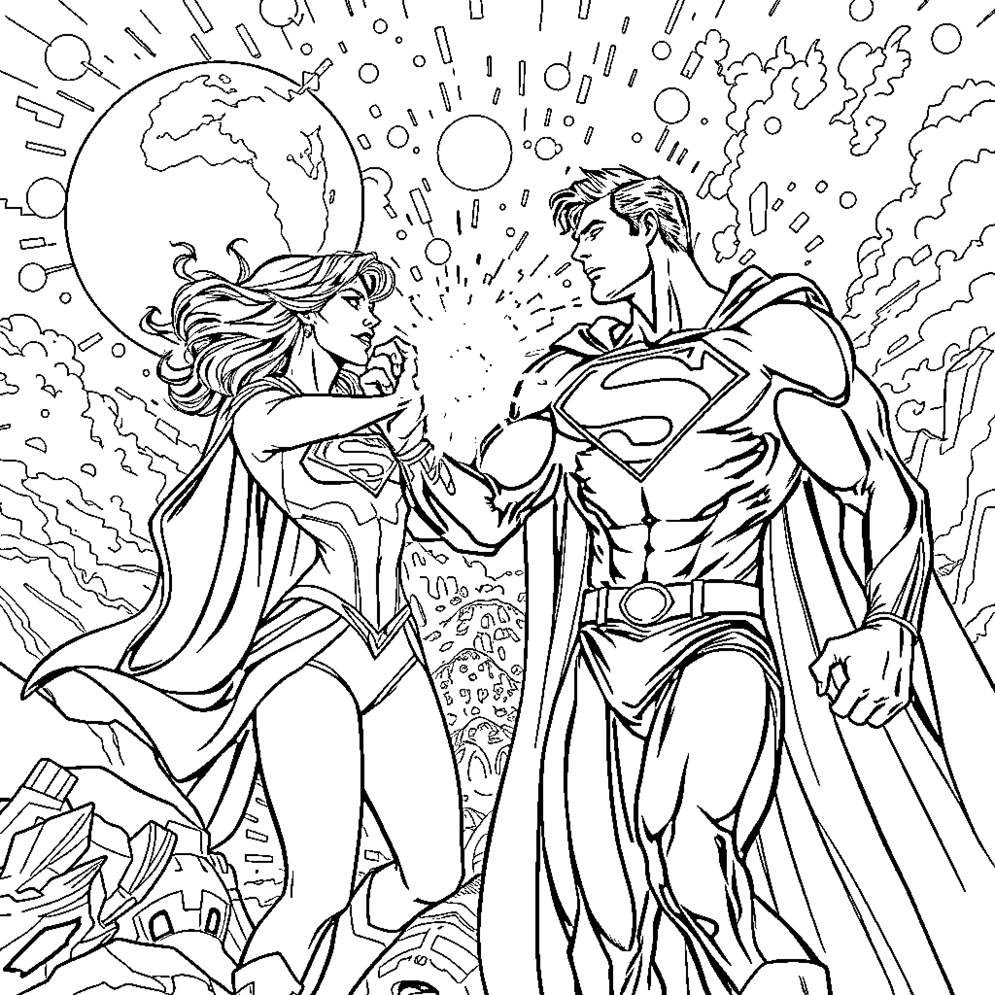 Superman and Wonder Woman saving the world Coloring Page (free black-and-white line drawing printable PDF for all, from beginners to advanced learners, including children, teens, adults, and seniors)