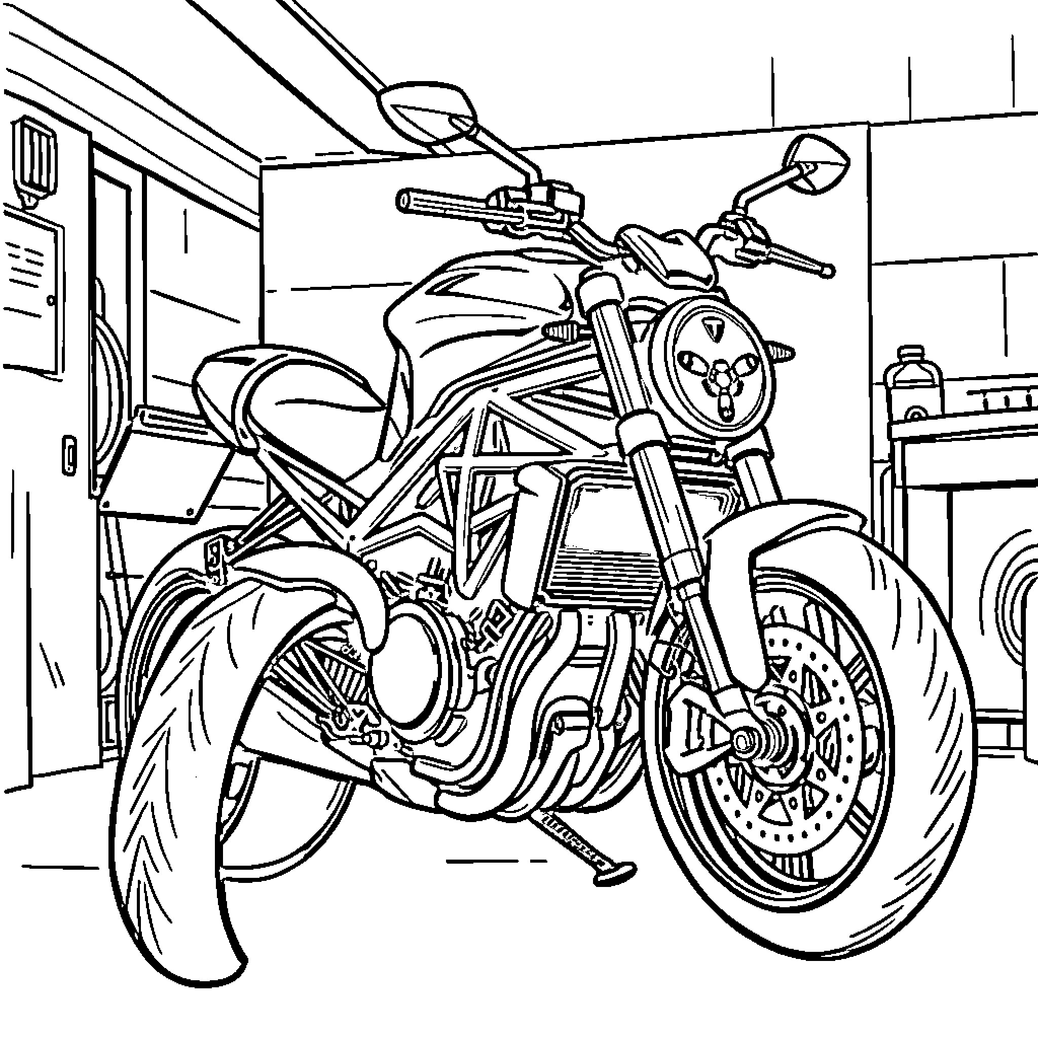 Ducati motorcycle displayed in workshop Coloring Page (free black-and-white line drawing printable PDF for all, from beginners to advanced learners, including children, teens, adults, and seniors)