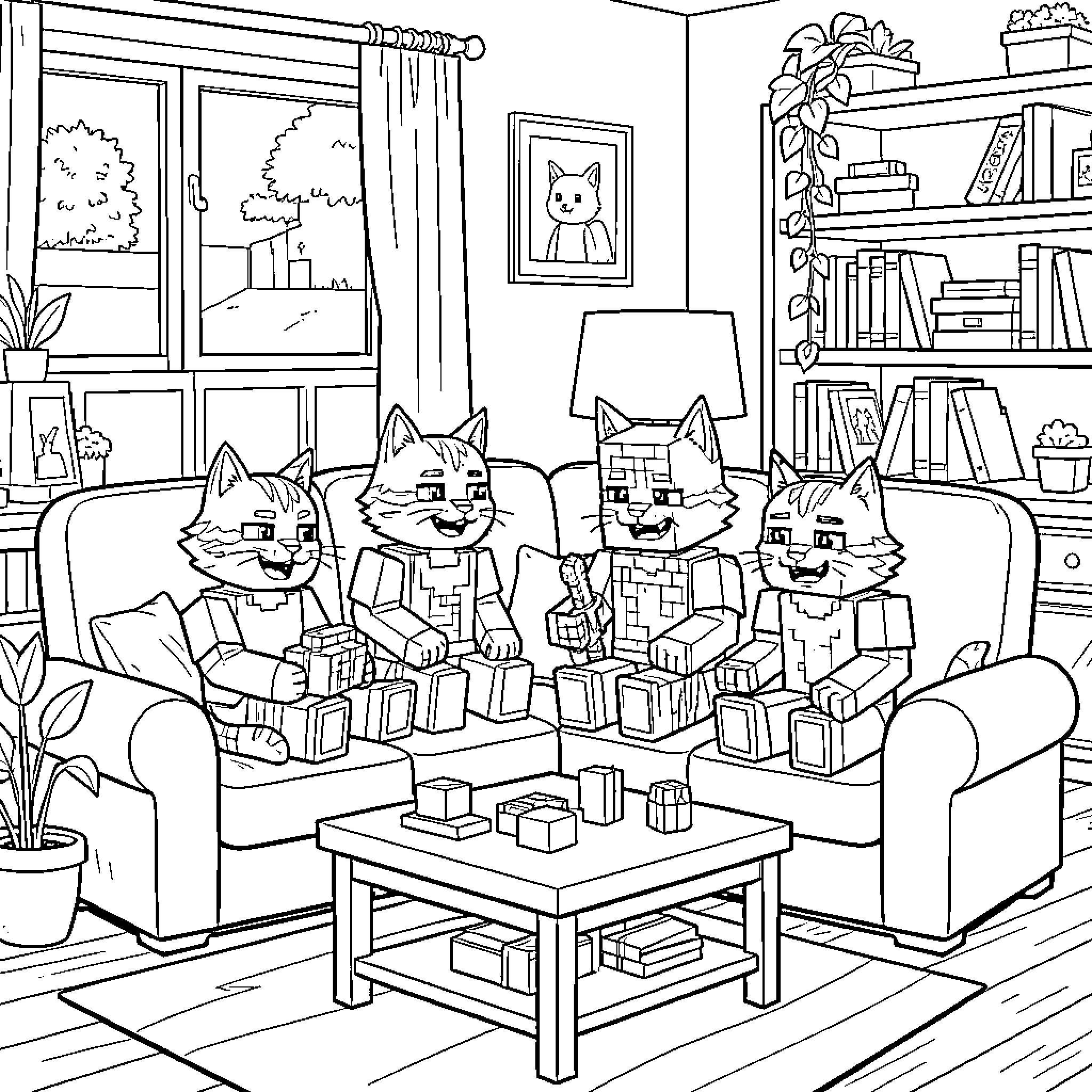 Warrior Cat family relaxing together on a sofa Coloring Page (free black-and-white line drawing printable PDF for all, from beginners to advanced learners, including children, teens, adults, and seniors)
